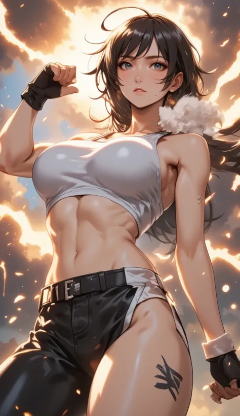 Final Fantasy-inspired anime style, cinematic and exaggerated. Tifa Lockhart from Final Fantasy VII is captured mid-action, throwing a powerful punch with her gloved or bare fist. She wears a modified, extra-revealing version of her iconic white crop top —...