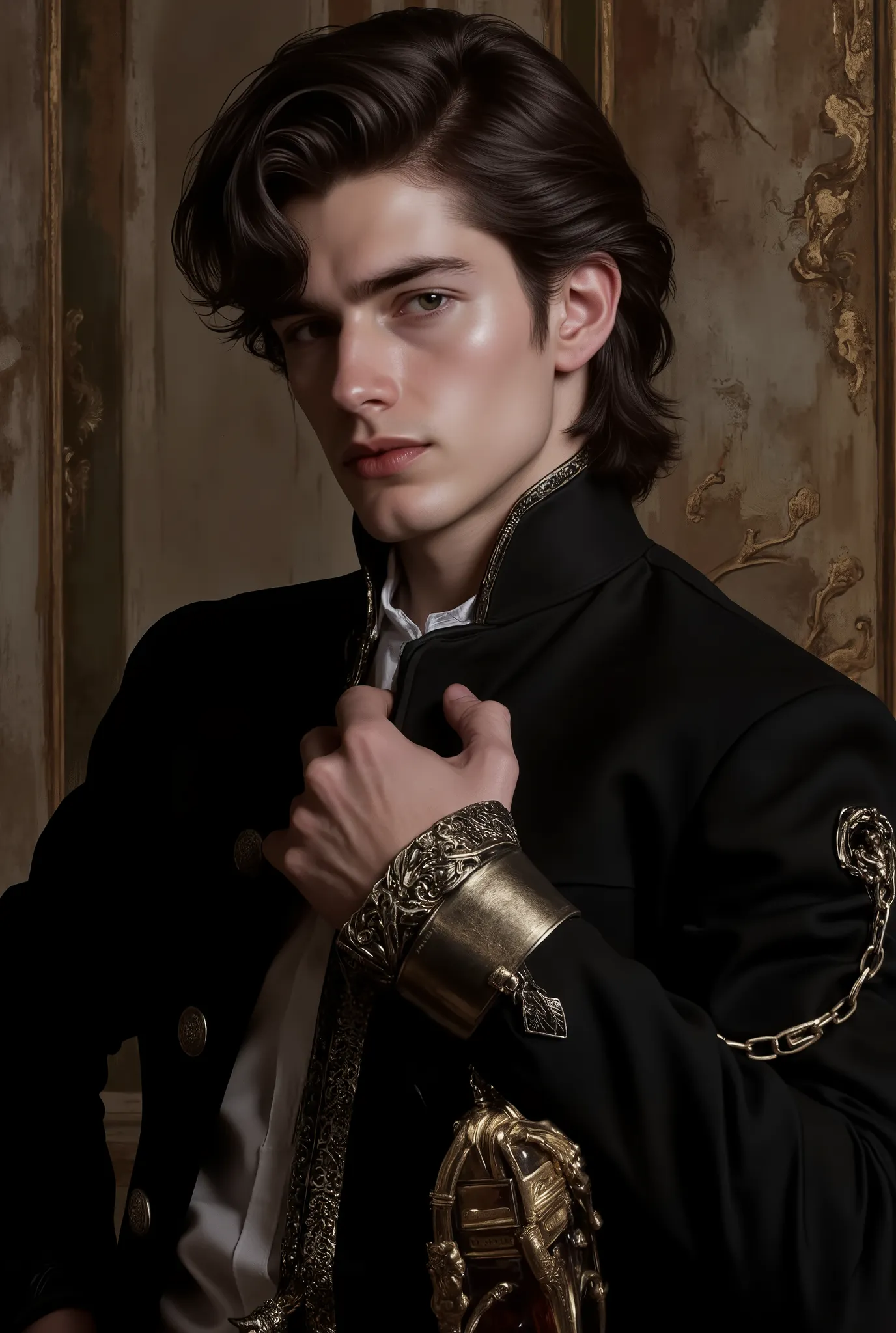 Noble young prince
Aristocratic youth
Mysterious male beauty
Medieval nobleman
Regal young man
Raven-haired male
Enigmatic royalty
Delicate but strong features
Noble gaze
Art Style Keywords:
Cinematic fantasy portrait
High-detail realism
Soft ...