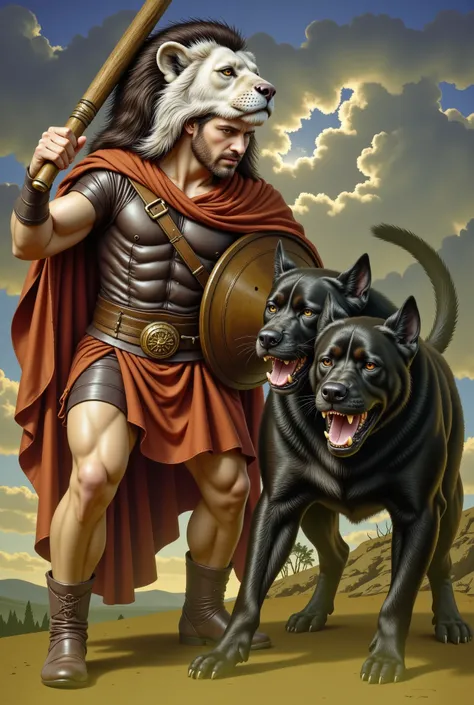 Epic mythological battle scene, realista, vibrante, and well illuminated  (16:9): Hercules stands firm, facing orthrus, impressive two-headed black mastiff. Its muscular shape is covered with leather armor, with a flowing red cape and lion skin over her sh...