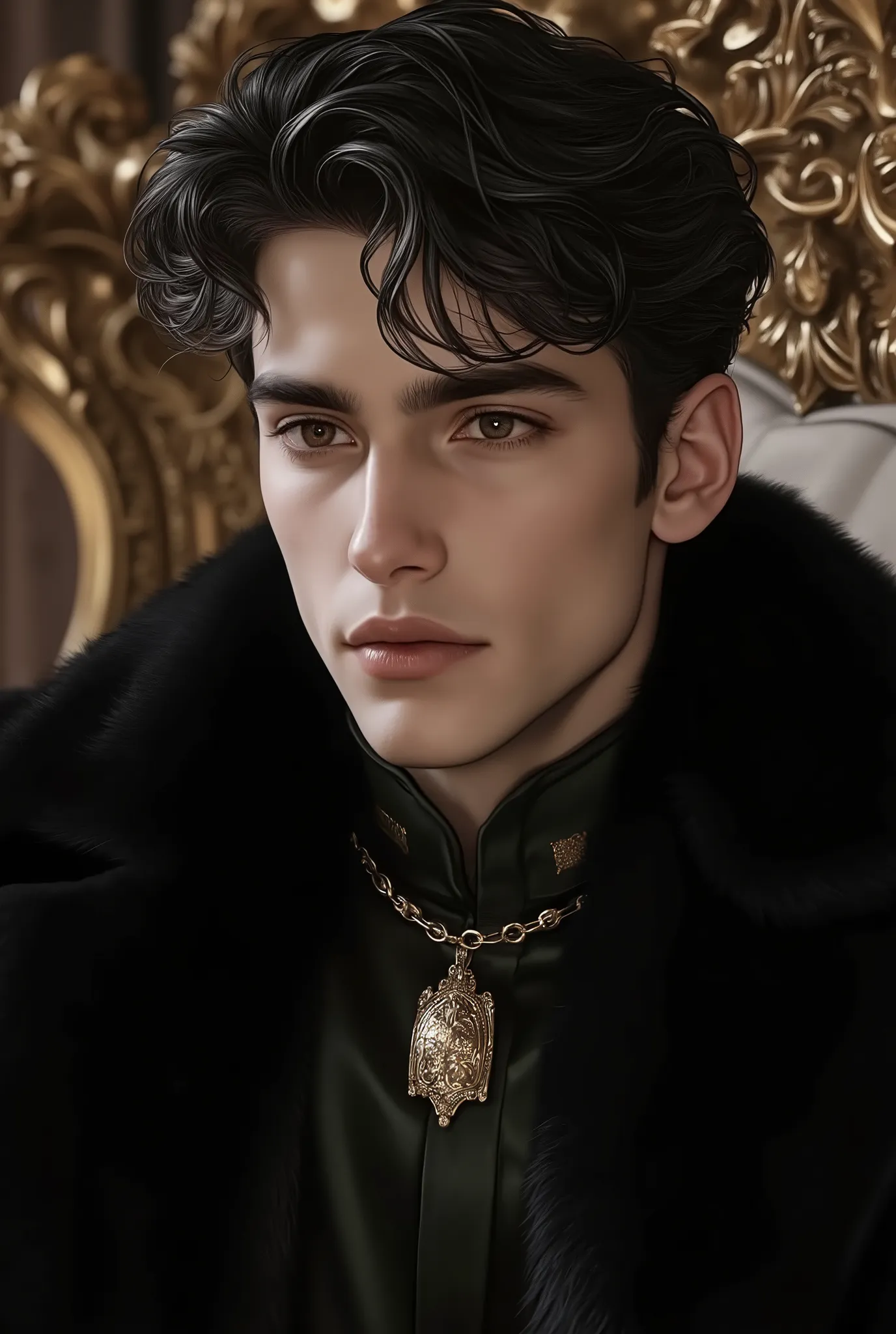 Noble young prince
Aristocratic youth
Mysterious male beauty
Medieval nobleman
Regal young man
Raven-haired male
Enigmatic royalty
Delicate but strong features
Noble gaze
Art Style Keywords:
Cinematic fantasy portrait
High-detail realism
Soft ...