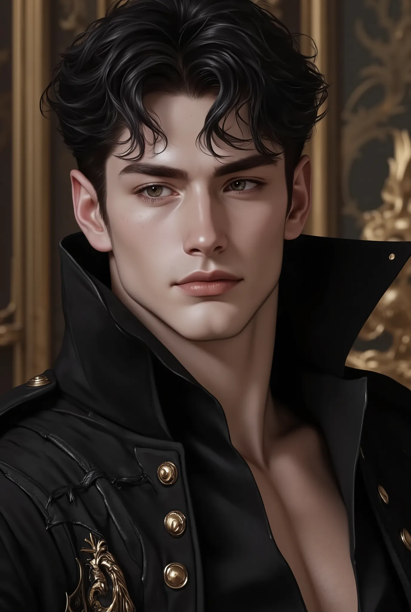 Noble young prince
Aristocratic youth
Mysterious male beauty
Medieval nobleman
Regal young man
Raven-haired male
Enigmatic royalty
Delicate but strong features
Noble gaze
Art Style Keywords:
Cinematic fantasy portrait
High-detail realism
Soft ...