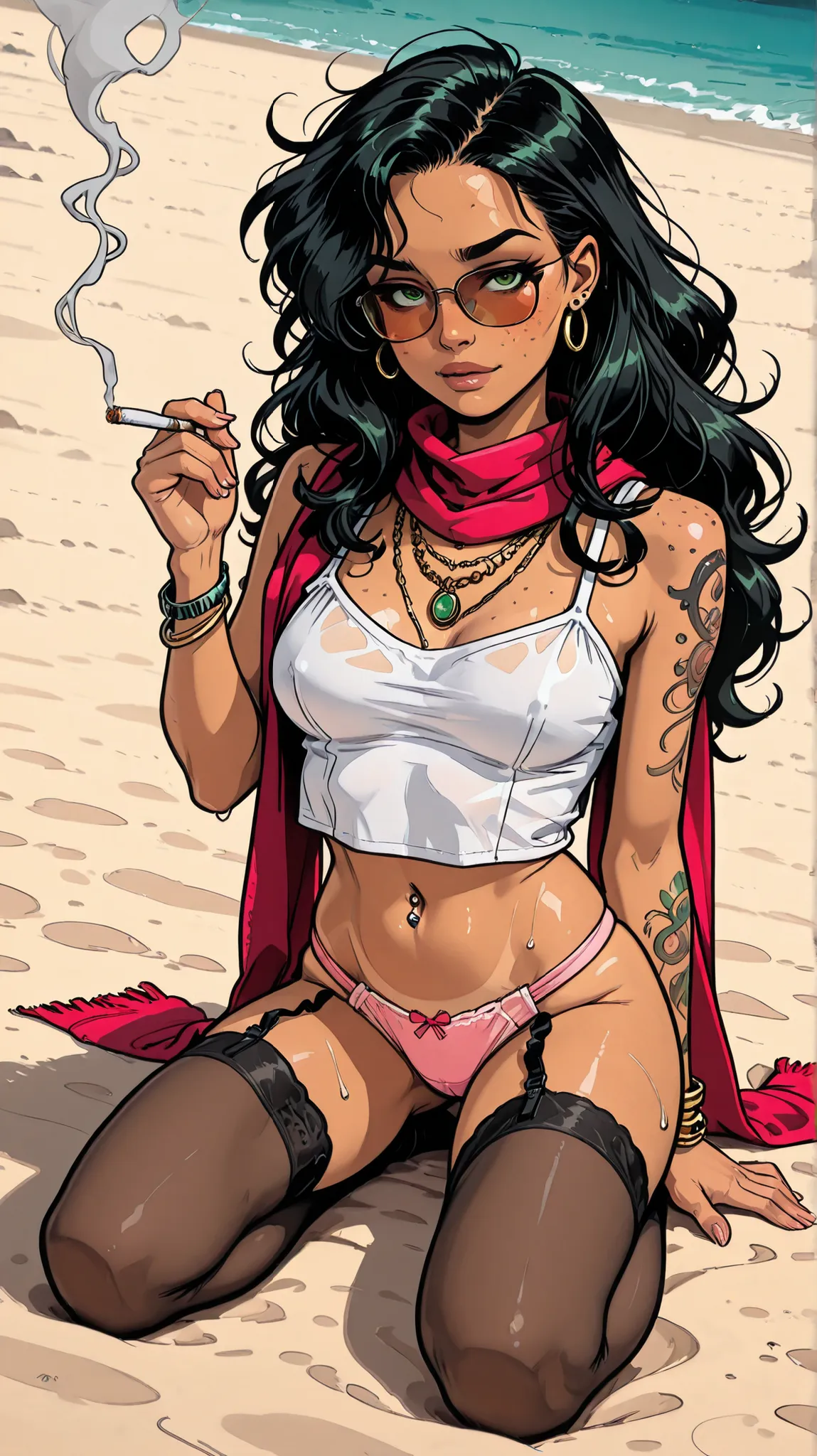 Solo, 1girl, High Resolution, medium Breasts, black hair, beach background, no headwear, manga Style, naughty look, full body, bracelets, arm tattoos, High Details, neckband, naughty posing, tanned, piercings, aroused face, ear rings, green eyes, super str...