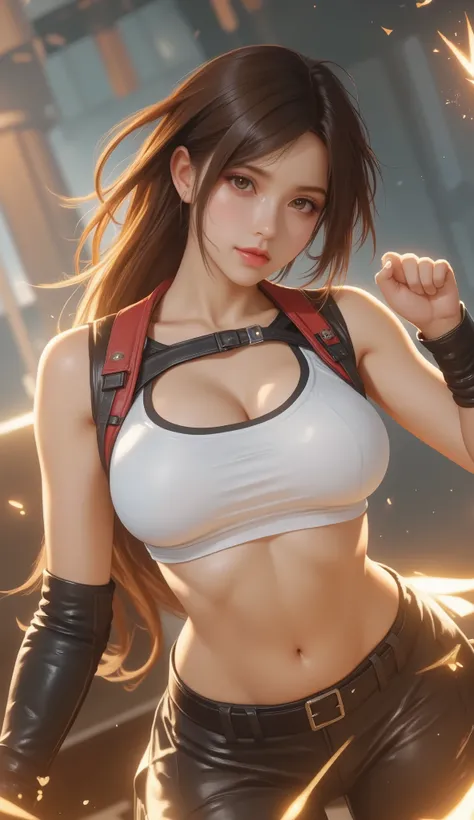 Final Fantasy-inspired anime style, cinematic and exaggerated. Tifa Lockhart from Final Fantasy VII is captured mid-action, throwing a powerful punch with her gloved or bare fist. She wears a modified, extra-revealing version of her iconic white crop top —...
