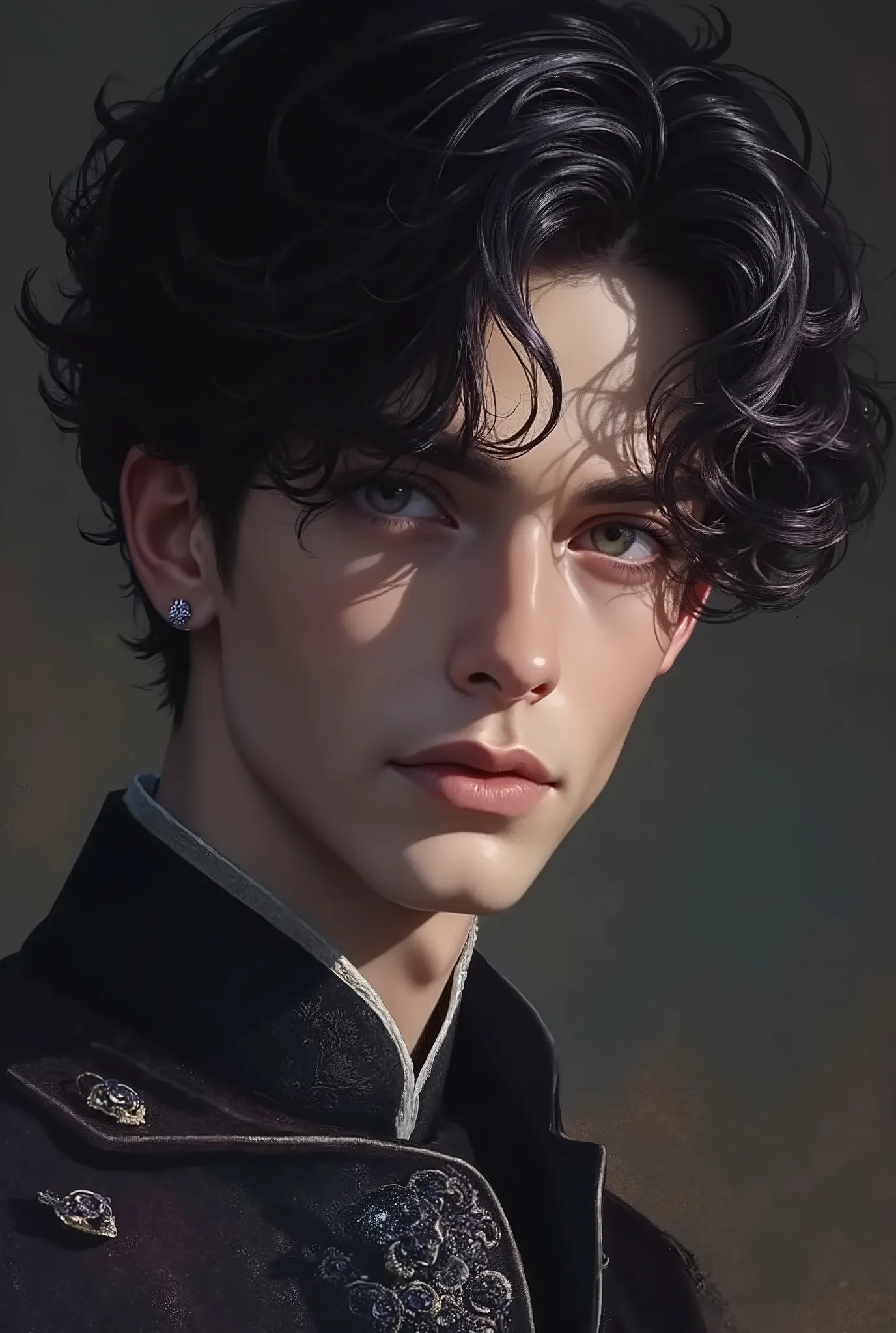 Noble young prince
Aristocratic youth
Mysterious male beauty
Medieval nobleman
Regal young man
Raven-haired male
Enigmatic royalty
Delicate but strong features
Noble gaze
Art Style Keywords:
Cinematic fantasy portrait
High-detail realism
Soft ...