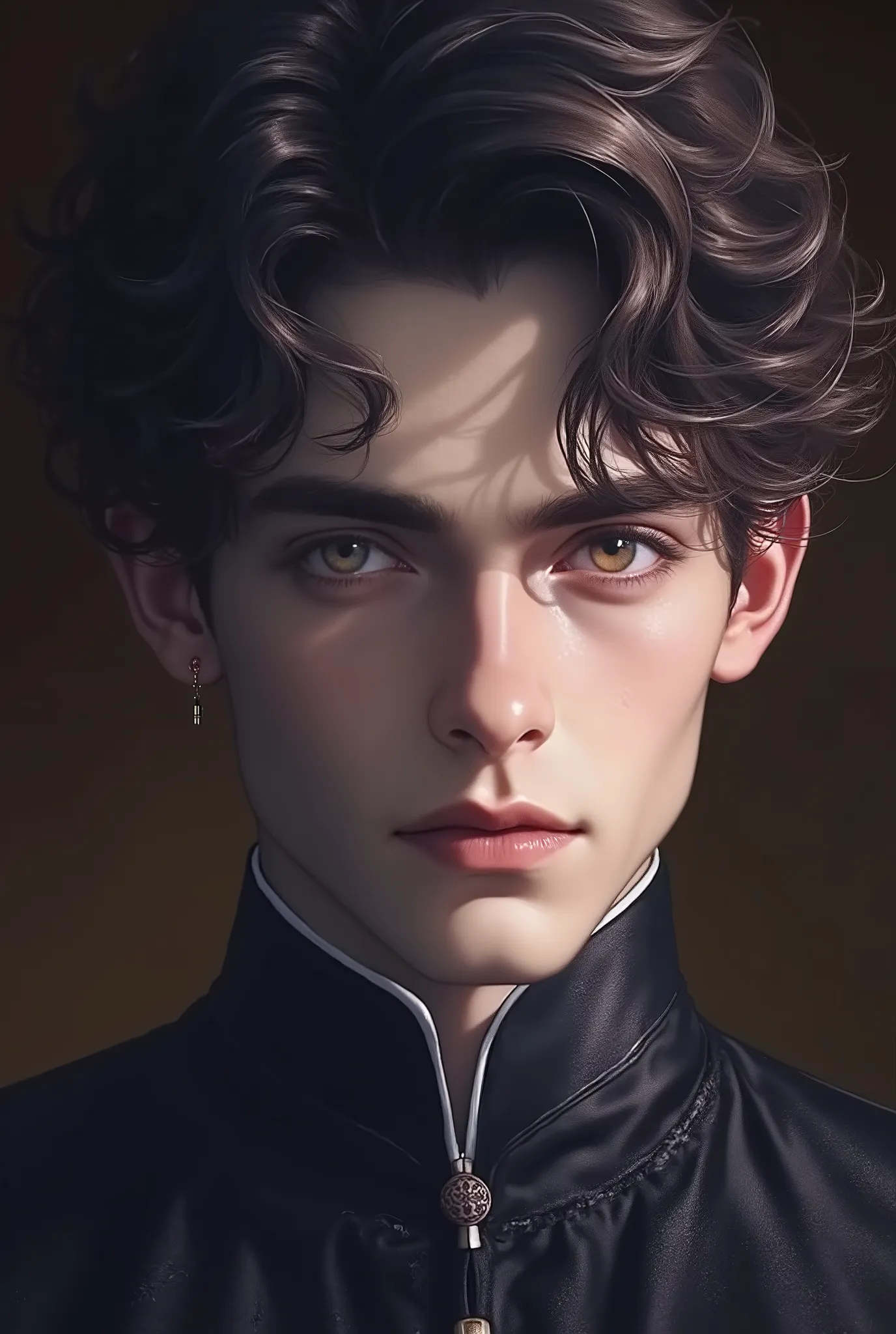 Noble young prince
Aristocratic youth
Mysterious male beauty
Medieval nobleman
Regal young man
Raven-haired male
Enigmatic royalty
Delicate but strong features
Noble gaze
Art Style Keywords:
Cinematic fantasy portrait
High-detail realism
Soft ...