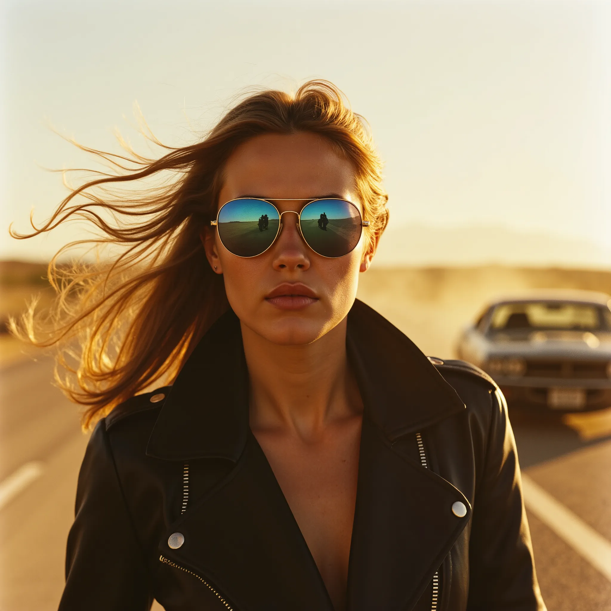 cinematic close-up shot of a lone woman walking down a sunlit desert highway at golden hour, her face partially shadowed by mirrored blue-lens sunglasses that reflect the sky and horizon, expression intense and focused, wearing a worn black leather biker j...