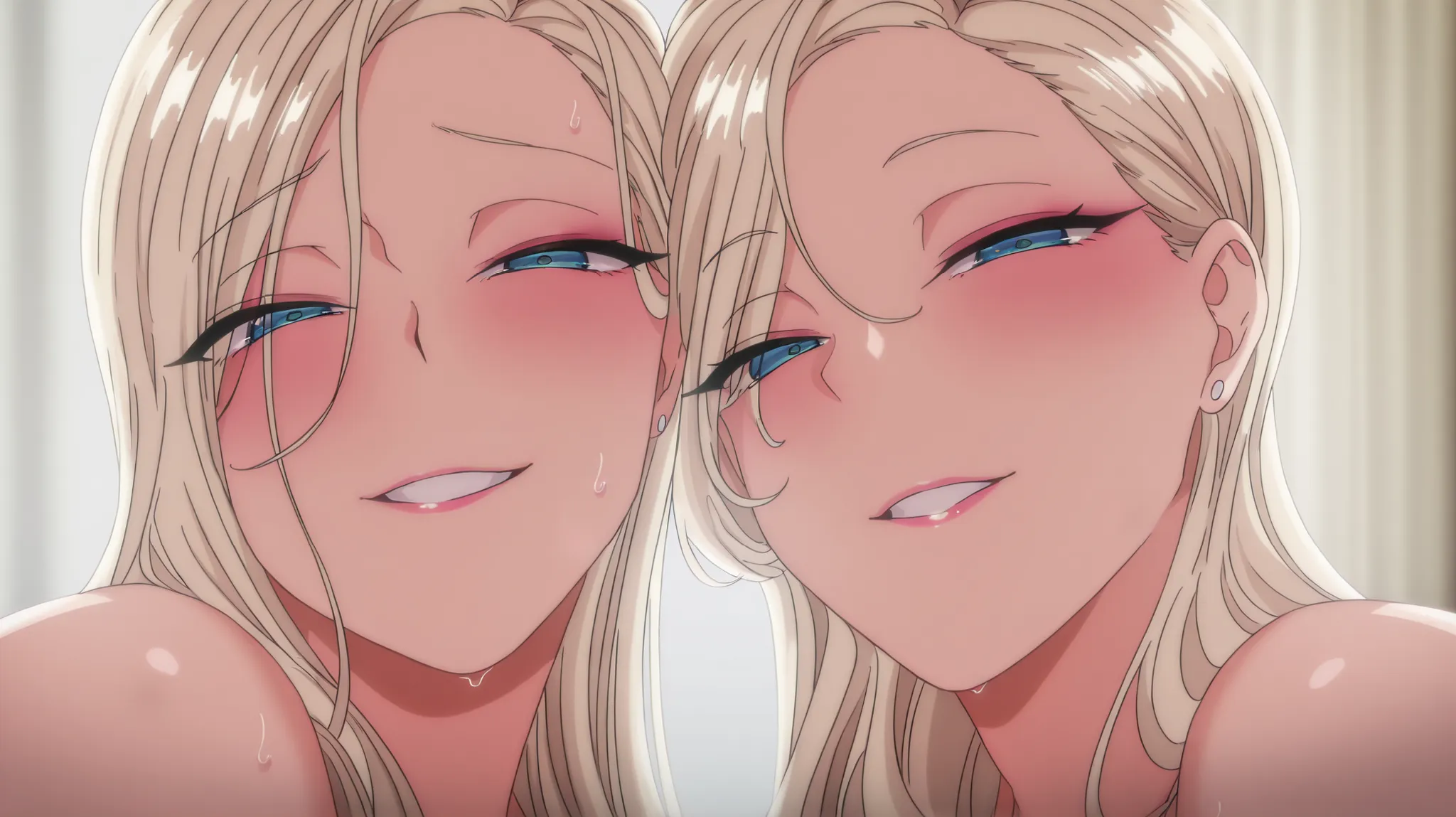 masterpiece, best quality, amazing quality, 2 girls, kurashiki reigns, long hair, blue eyes, blonde hair, smile, half-closed eyes, parted lips, looking at viewer, kurashiki reigns, long hair, blue eyes, blonde hair, milf, seductive body, sensual, smiling, ...