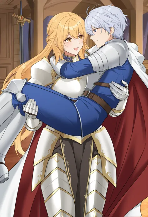 1girl, female knight,prince carry,1boy, bridal style, female carrying male, role reversal,
