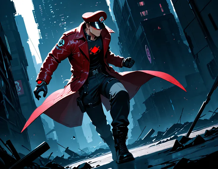 score_9, score_8_ up, score_7_ up, Takeda, male anime character, futuristic warrior style, inspired by Mario, wearing red military cap with "M" emblem, dark futuristic visor covering eyes, rugged medium-length brown hair, red trench coat, black tactical gl...