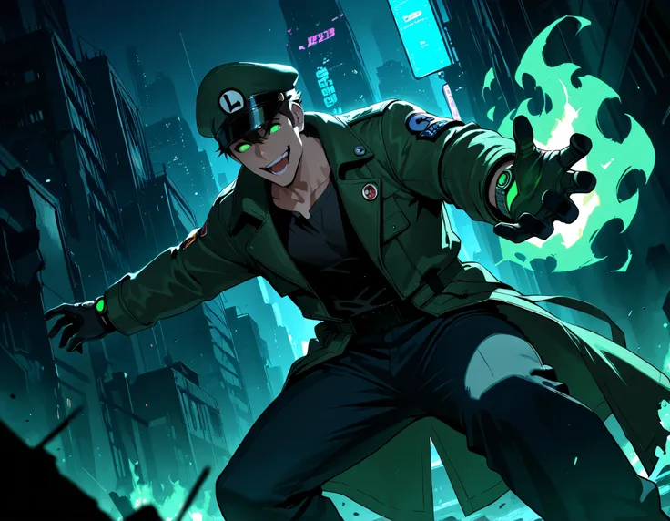 score_9, score_8_ up, score_7_ up, Takeda, male anime character, futuristic warrior style, inspired by Luigi, wearing green military cap with "L" emblem, green glowing eyes, rugged medium-length brown hair, green trench coat, black tactical gloves, dark bu...