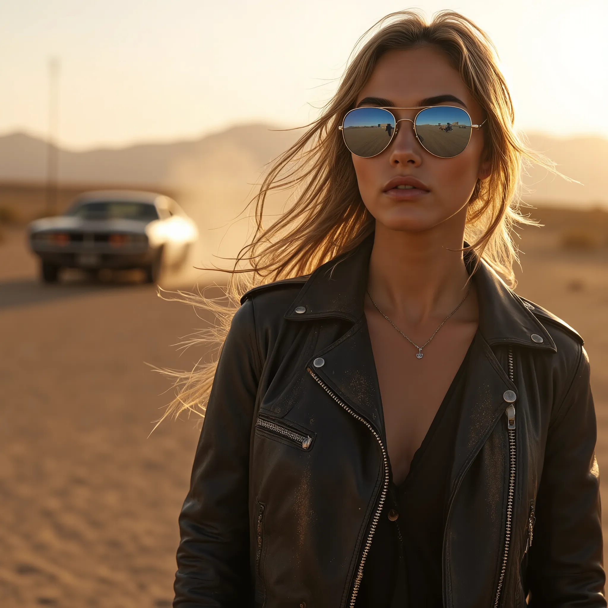 cinematic close-up shot of a lone woman walking down a sunlit desert highway at golden hour, her face partially shadowed by mirrored blue-lens sunglasses that reflect the sky and horizon, expression intense and focused, wearing a worn black leather biker j...