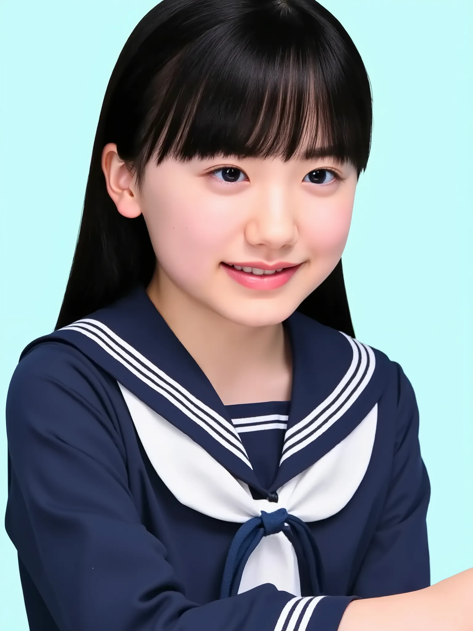 ((black hair:1.3)), long hair, bangs, elementary school student, wearing sailor suit, dark blue, Long sleeve , upper body, small eyes, make up, (smily), (teeth:1.2), ((looking away:1.4))