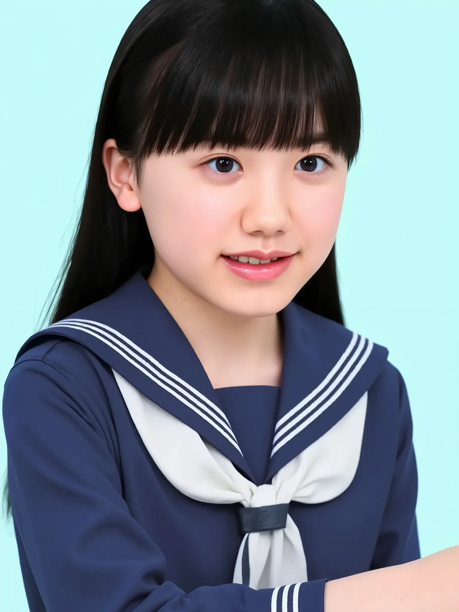 ((black hair:1.3)), long hair, bangs, elementary school student, wearing sailor suit, dark blue, Long sleeve , upper body, small eyes, make up, (smily), (teeth:1.2), ((looking away:1.4))