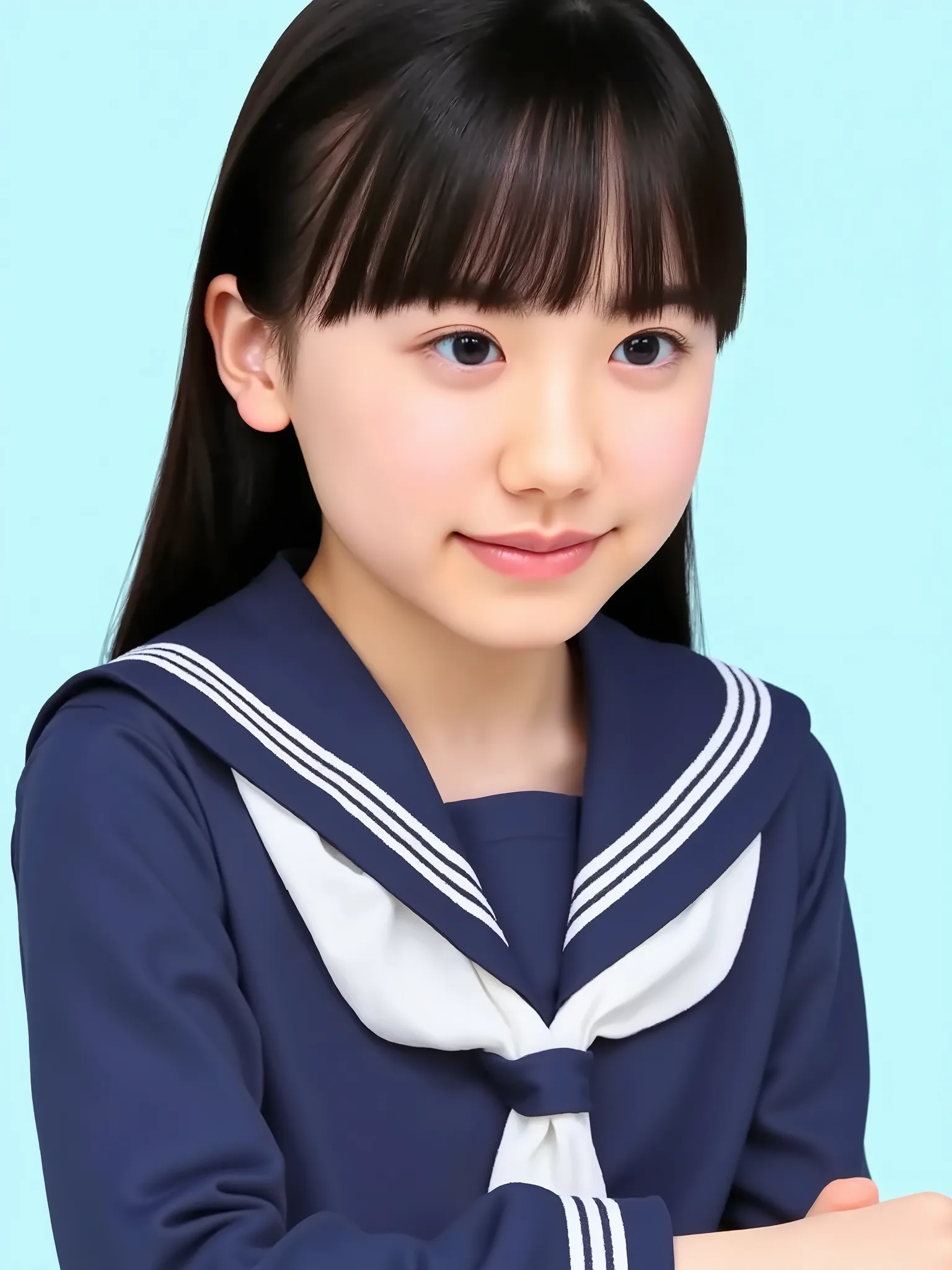 ((black hair:1.3)), long hair, bangs, elementary school student, wearing sailor suit, dark blue, Long sleeve , upper body, small eyes, make up, (smily), (teeth:1.2), ((looking away:1.4))