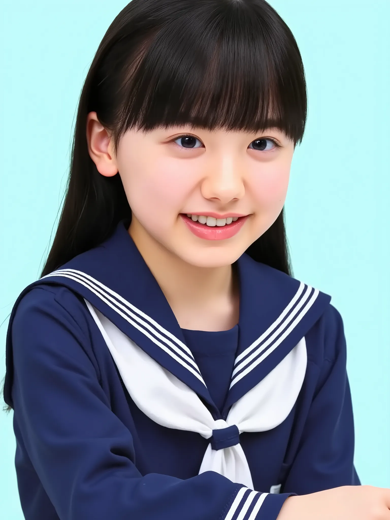 ((black hair:1.3)), long hair, bangs, elementary school student, wearing sailor suit, dark blue, Long sleeve , upper body, small eyes, make up, (smily), (teeth:1.2), ((looking away:1.4))