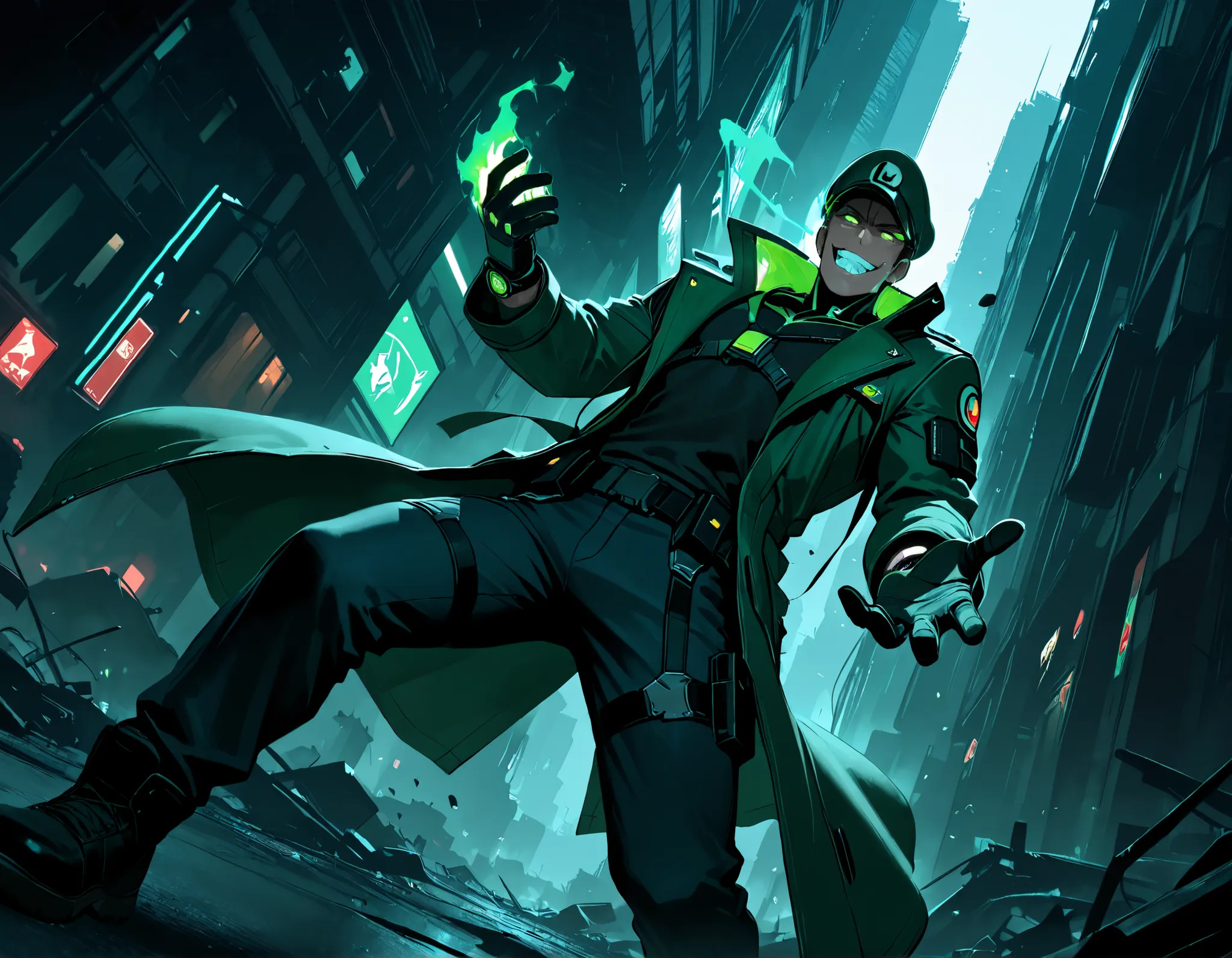 score_9, score_8_ up, score_7_ up, Takeda, male anime character, futuristic warrior style, inspired by Luigi, wearing green military cap with "L" emblem, green glowing eyes, rugged medium-length brown hair, green trench coat, black tactical gloves, dark bu...