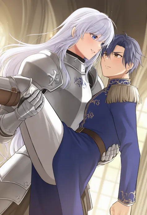 1girl, female knight,prince carry,1boy, bridal style, female carrying male, role reversal,