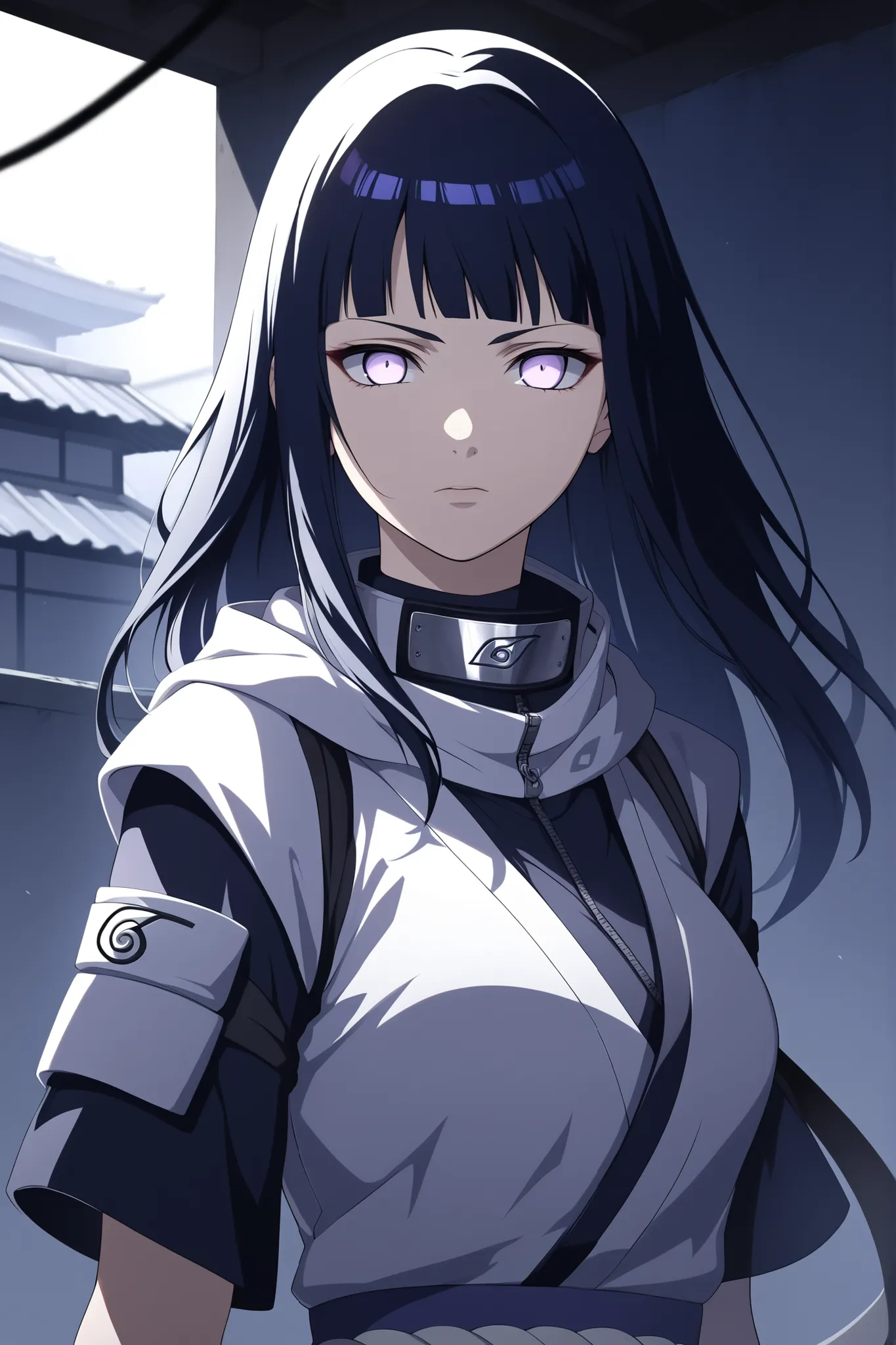 ((masterpiece)), ((RAW 8K)), ((anime-real fusion)), ((hyper-detailed skin texture)), ((dark cinematic lighting)), ((soft shadows)), Hinata Hyuga from Naruto Shippuden, as a Silent Assassin, waist-up portrait. Calm yet deadly expression, lavender-white Byak...