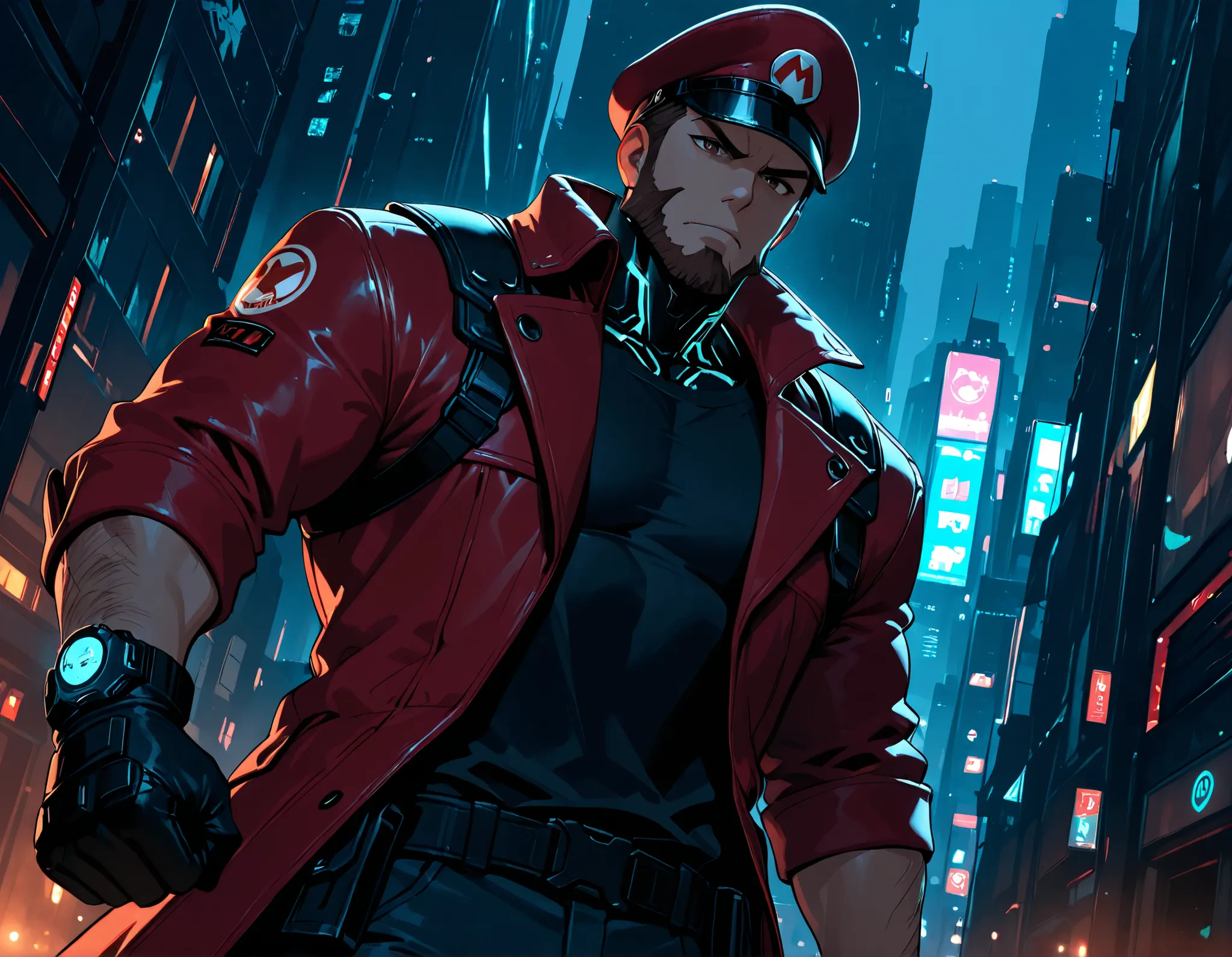 score_9, score_8_ up, score_7_ up, Takeda, male anime character, futuristic warrior style, inspired by Mario, wearing red military cap with "M" emblem, brown eyes, rugged medium-length brown hair, red trench coat, black tactical gloves, dark button-up shir...