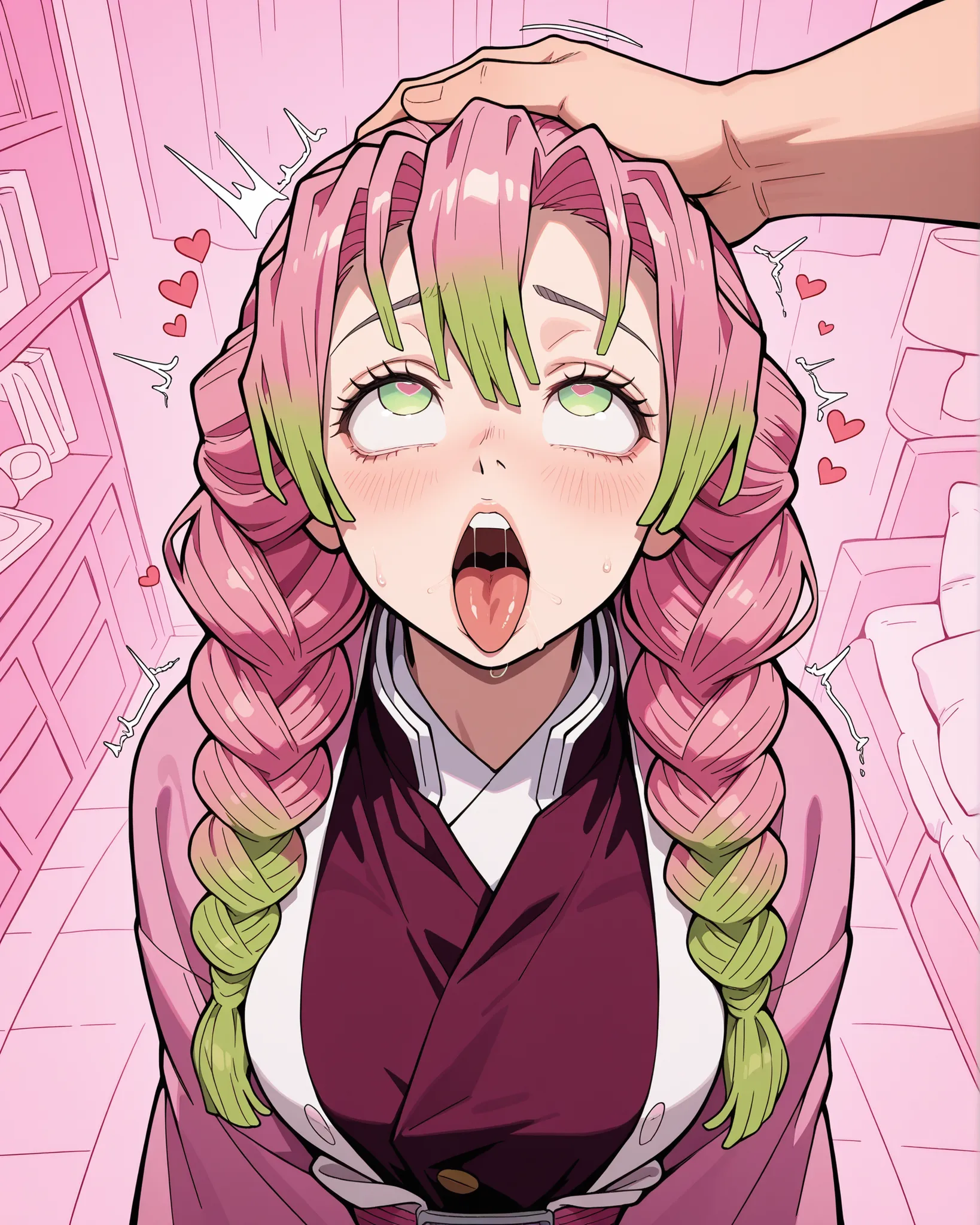 sketch, vintage , mitsuri, pink hair, open mouth, tongue out, ahegao, looking up, mitsuri clothes, big huge bobbies, large bobbies, pink room , a guy hand on her head, strong head, hearts around 