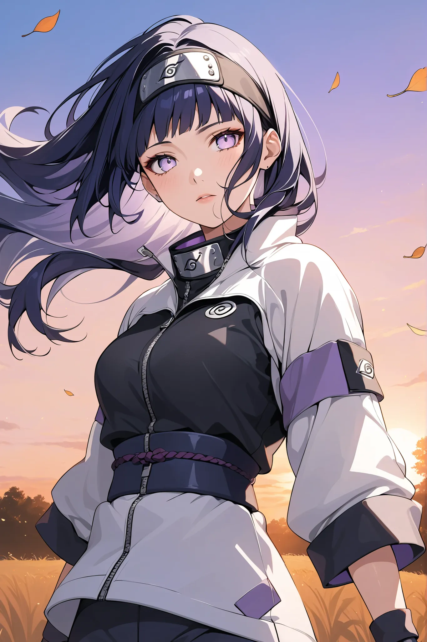 ((masterpiece)), ((RAW 8K)), ((anime-real fusion)), ((extreme photorealism)), ((studio-grade lighting)), ((hyper-detailed skin texture)), ((warm natural tones)), Hinata Hyuga from Naruto Shippuden, full waist-up portrait, composed and graceful expression, ...