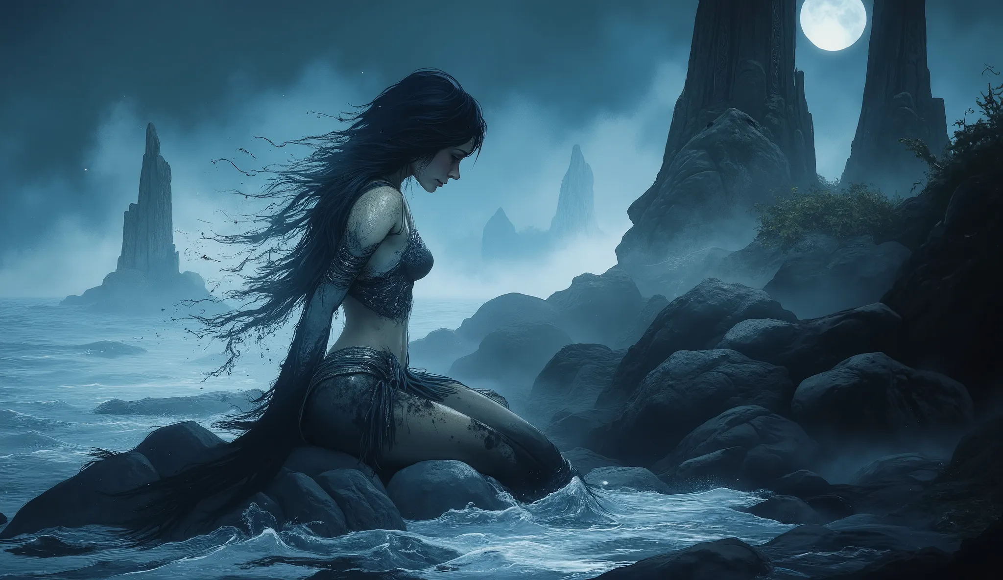 Beautiful female selkie shedding her seal skin on a moonlit Scottish rocky shore, half-transformed between seal and human form, long flowing wet dark hair, pale luminous skin, wistful gaze toward the sea, misty coastal environment, ancient standing stones ...