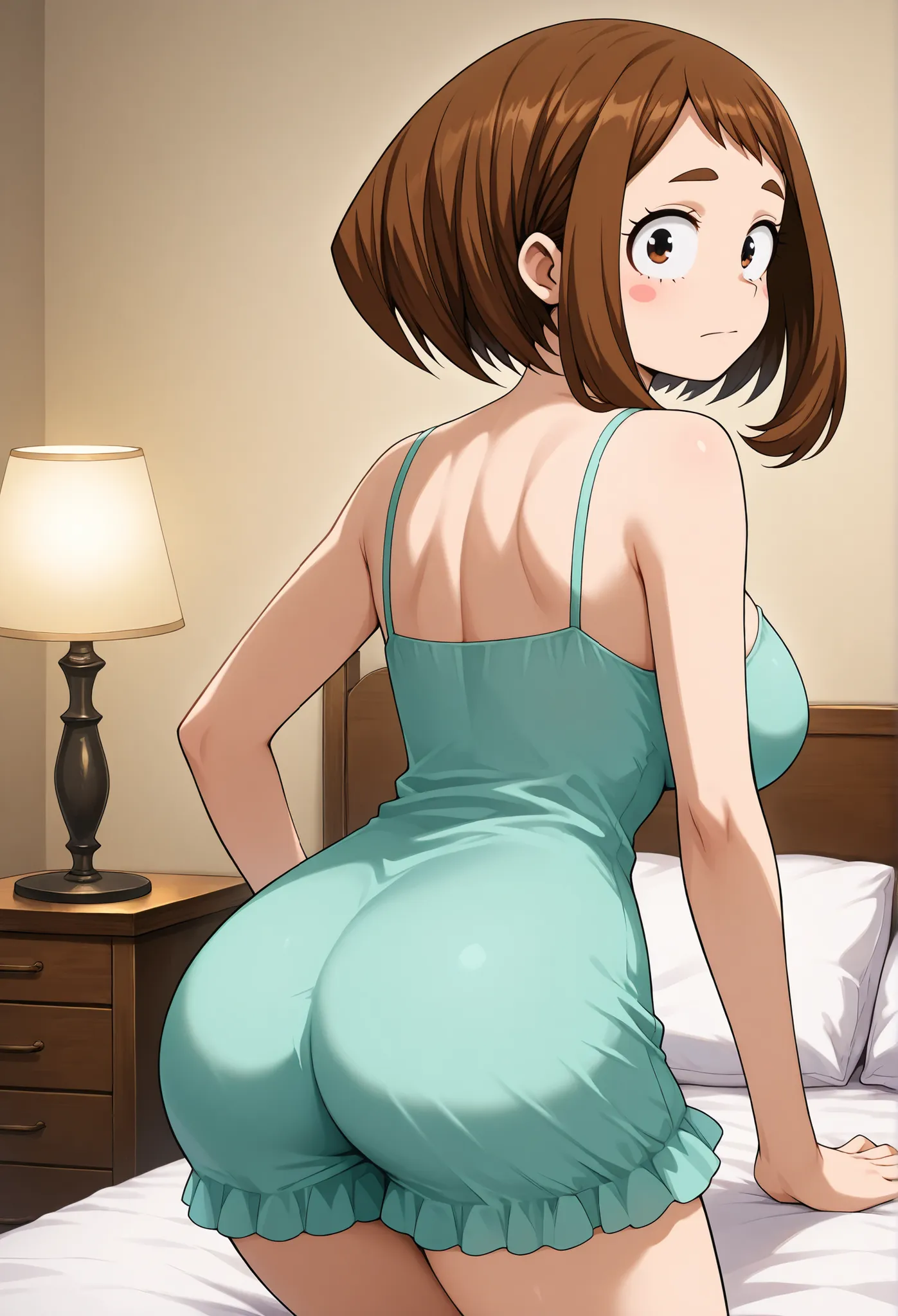 official style, anime screenshot, Uraraka Ochako, 1 girl, brown hair, brown eyes, solo, superhero, closed mouth, large breasts, (F65), sexy style, Japanese girl's bedroom, a large two-person bed, Uraraka Ochako wears a cute pajama set, Back view, Uraraka O...