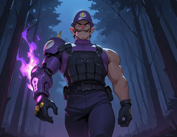 score_9, score_8_ up, score_7_ up, Takeda, score_9, score_8_ up, score_7_ up, Takeda, male anime character, futuristic warrior style, inspired by Waluigi, wearing purple military cap with "W" emblem, brown eyes, upward-curled mustache, sharply twisted tips...