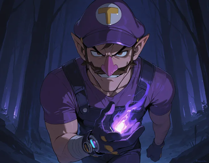 score_9, score_8_ up, score_7_ up, Takeda, score_9, score_8_ up, score_7_ up, Takeda, male anime character, futuristic warrior style, inspired by Waluigi, wearing purple military cap with "W" emblem, brown eyes, upward-curled mustache, sharply twisted tips...