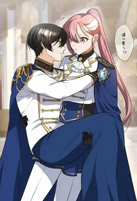 masterpiece,best quality,Regina rena, 1girl, solo , pink hair, ponytail,wearing a stylish military-inspired ,, white pants , blue skirt, Jacket , blue Cape ,white military-style jacket with gold accents, including decorative buttons and trim, Gloves , prin...