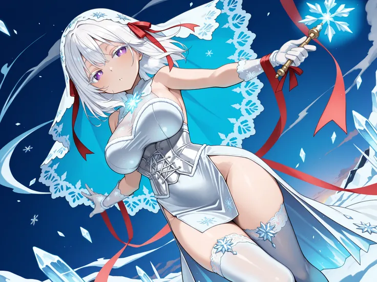 fantasy winter shrine, floating ice crystals, glowing runes in the snow, magical snowfall, moonlit sky, shimmering cold mist, dutch angle, looking at viewer, (solo, 1girl, white hair, medium hair, hair ribbon, red ribbon, habitual hair, purple eyes), large...