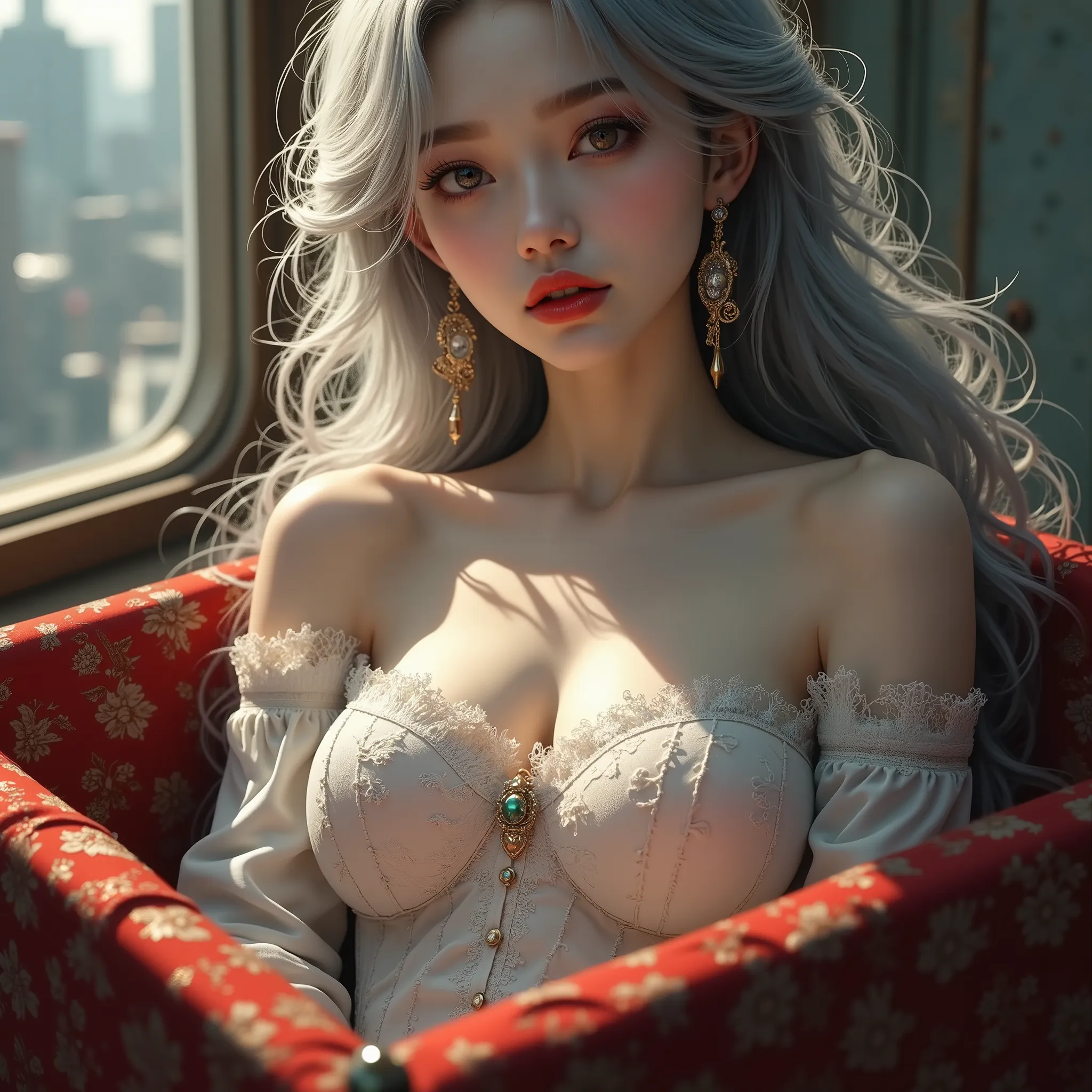 ((woman lying inside a gift box))、(masterpiece、Highest Quality、steampunk art、sunlight、illuminates your face、Super Detail、written with thigh composition、Magic Rim、Gray Hair、Real queen、 red lips、Super Detail、very detailed、(high contrast:1.11)、wind、great、beau...