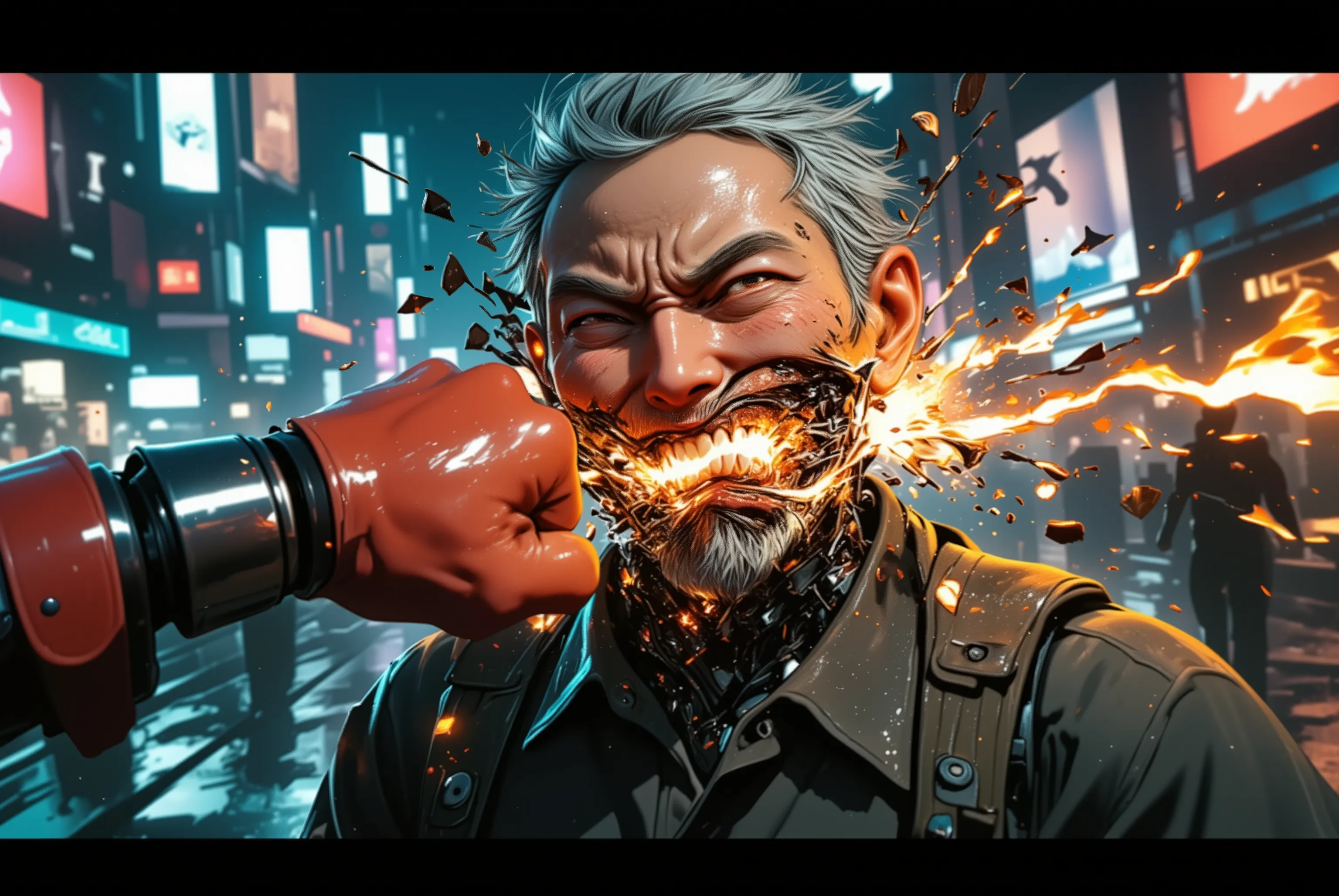 A frontal portrait of an older man in his 60s, with visible age lines and graying hair, who appears completely human but is actually an android. The image captures the exact moment a powerful punch strikes his right cheek, delivered from a clenched fist en...