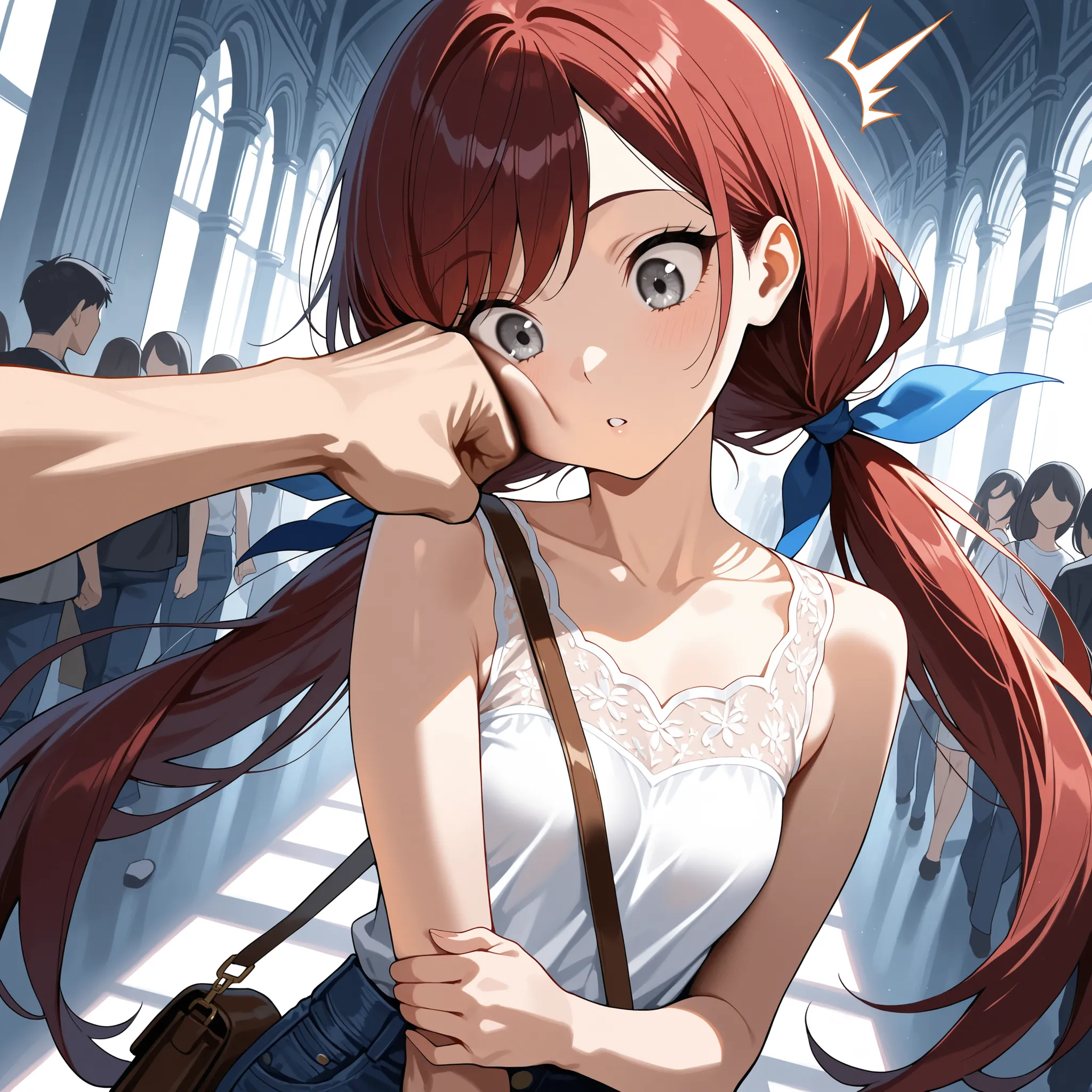 (masterpiece:1.2, Best Quality), (finely detailed beautiful eye: 1.2), (beautiful detailed face), Dutch angle, dynamic angle, head tilt, shadows over eyes, close up, portrait, girl, surprised, long hair in low twin tails, gray eyes, dark red hair, long swe...