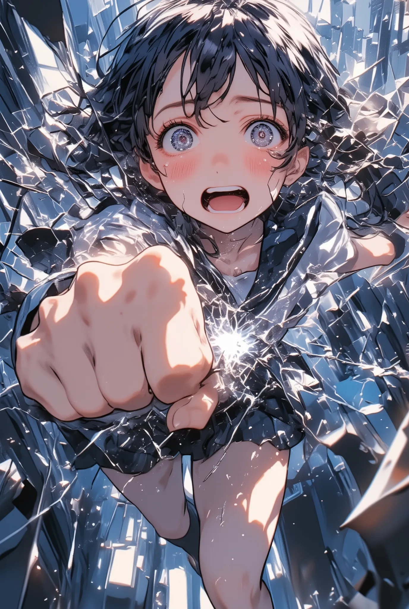 dramatic anime-style action shot, a high school girl in a sailor uniform crying and screaming as she throws a powerful punch directly at the viewer, intense emotional expression, tears flying, her fist extended with extreme foreshortening, the impact shatt...