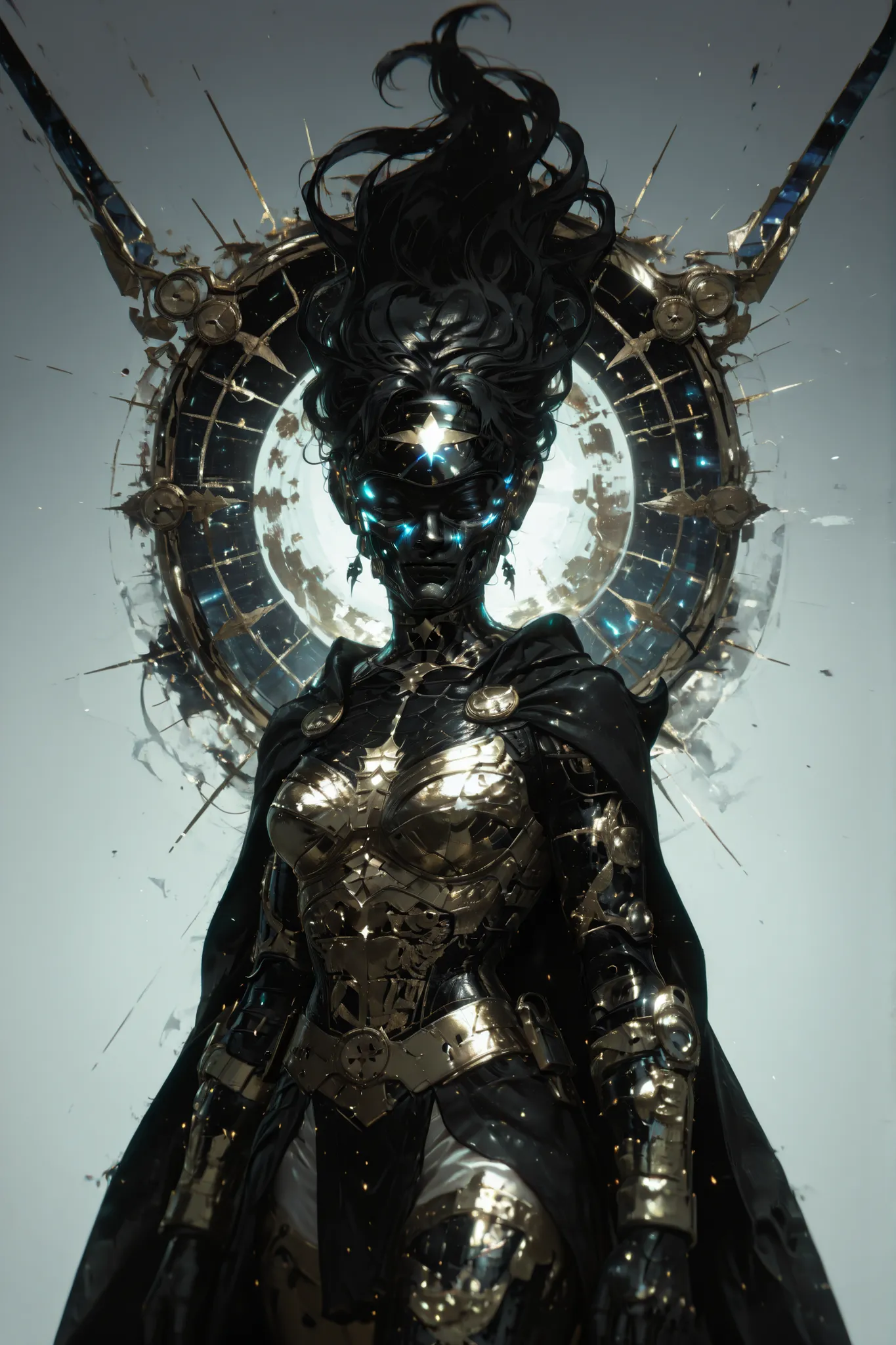 A ninja girl (((in Raymond Swanland aesthetic style::1))), Wonder Woman in ornate black & golden sci-fi armor & black cape, Textured, Aesthetic, Elegant Perfectionism, Subsurface scattering, Helical Prism, 8k uhd, glowing