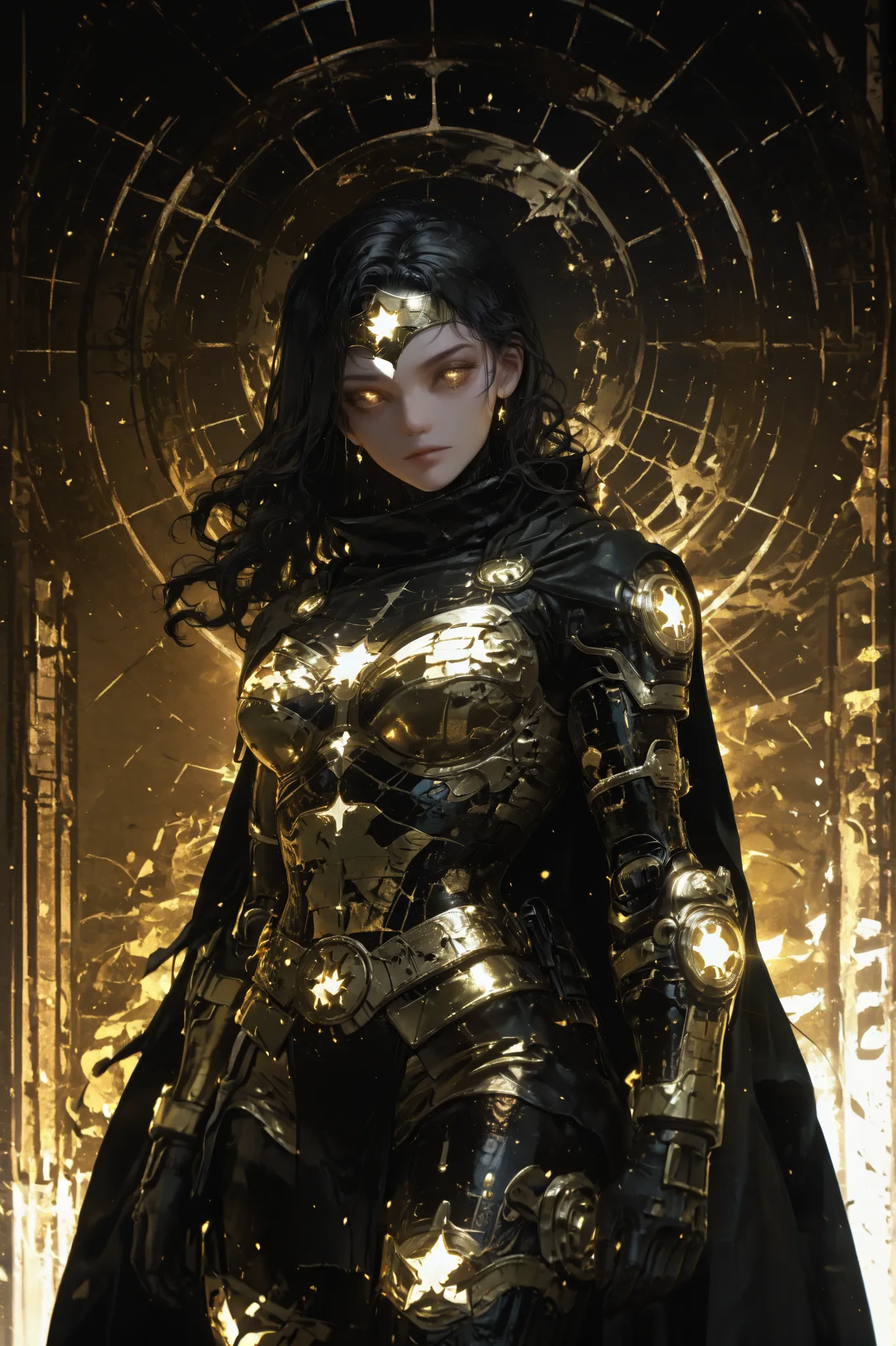 A ninja girl (((in Raymond Swanland aesthetic style::1))), Wonder Woman in ornate black & golden sci-fi armor & black cape, Textured, Aesthetic, Elegant Perfectionism, Subsurface scattering, Helical Prism, 8k uhd, glowing