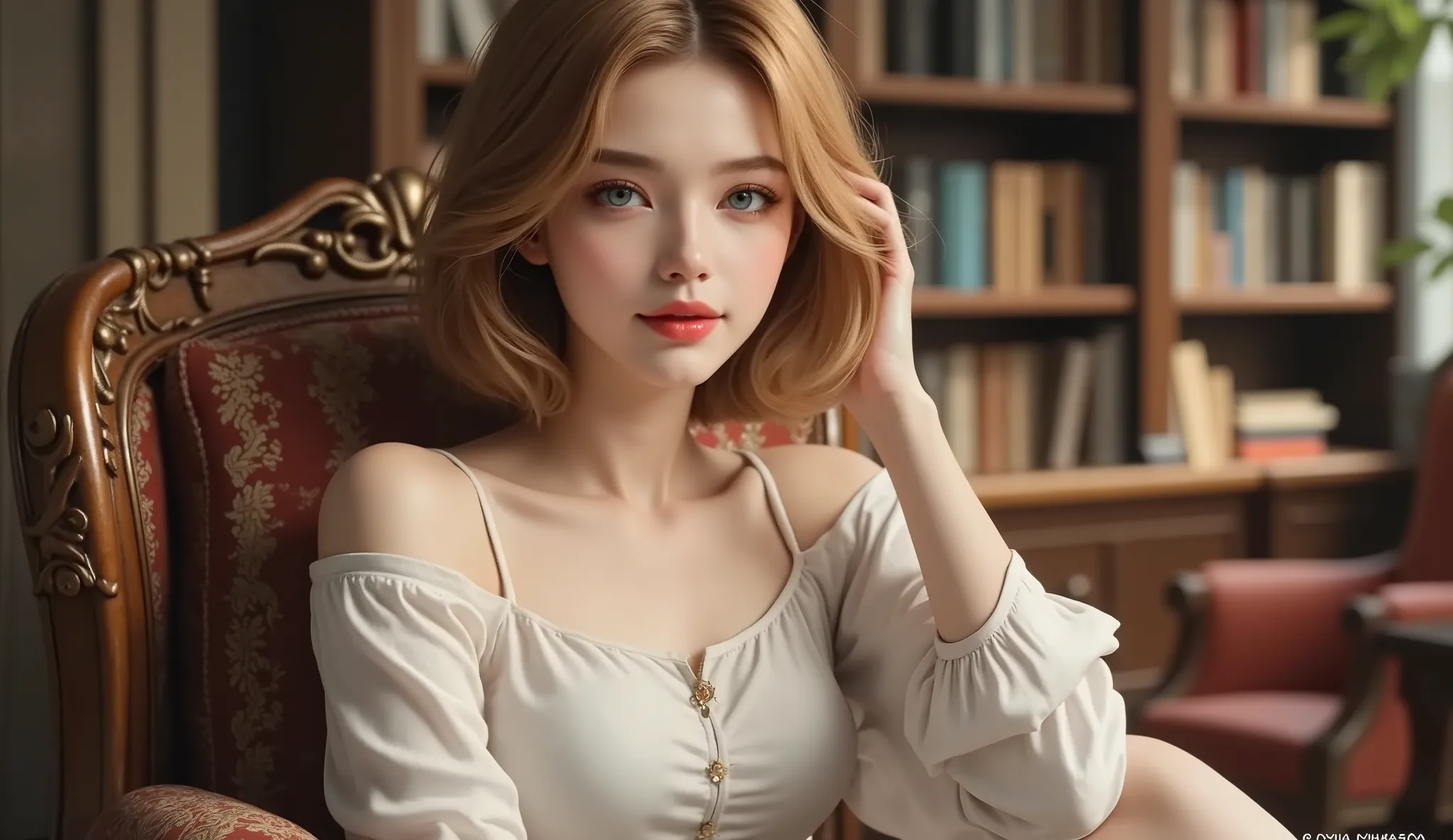 ((girl sitting on an antique chair in the library))、(RAW shooting、photorealistic:1.5、8K、best quality、masterpiece、Ultra High Definition)、perfect dynamic composition:1.2, detailed skin and facial textures riding on a bicycle:1.2, sexy beauty, perfect style...
