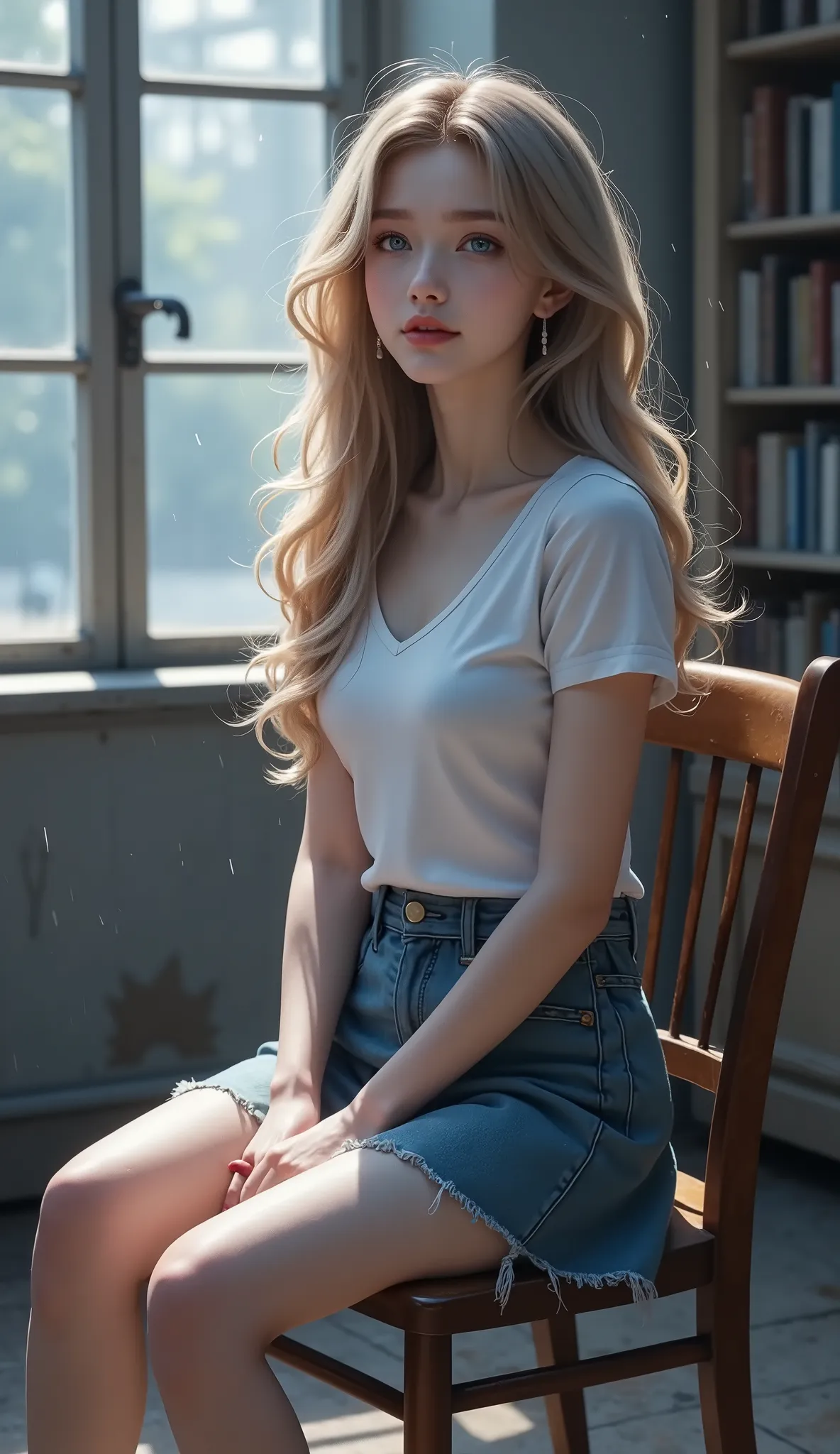 ((図書館のアンティークな椅子に座っている女の子))、(RAW shooting, Photorealistic:1.5, 8K, Highest画質, masterpiece, Ultra-high resolution), Perfect dynamic composition:1.2, Night Street Corner, Looking up at the sky:1.3, (((Heavy rain from a typhoon))), Highly detailed skin and fac...