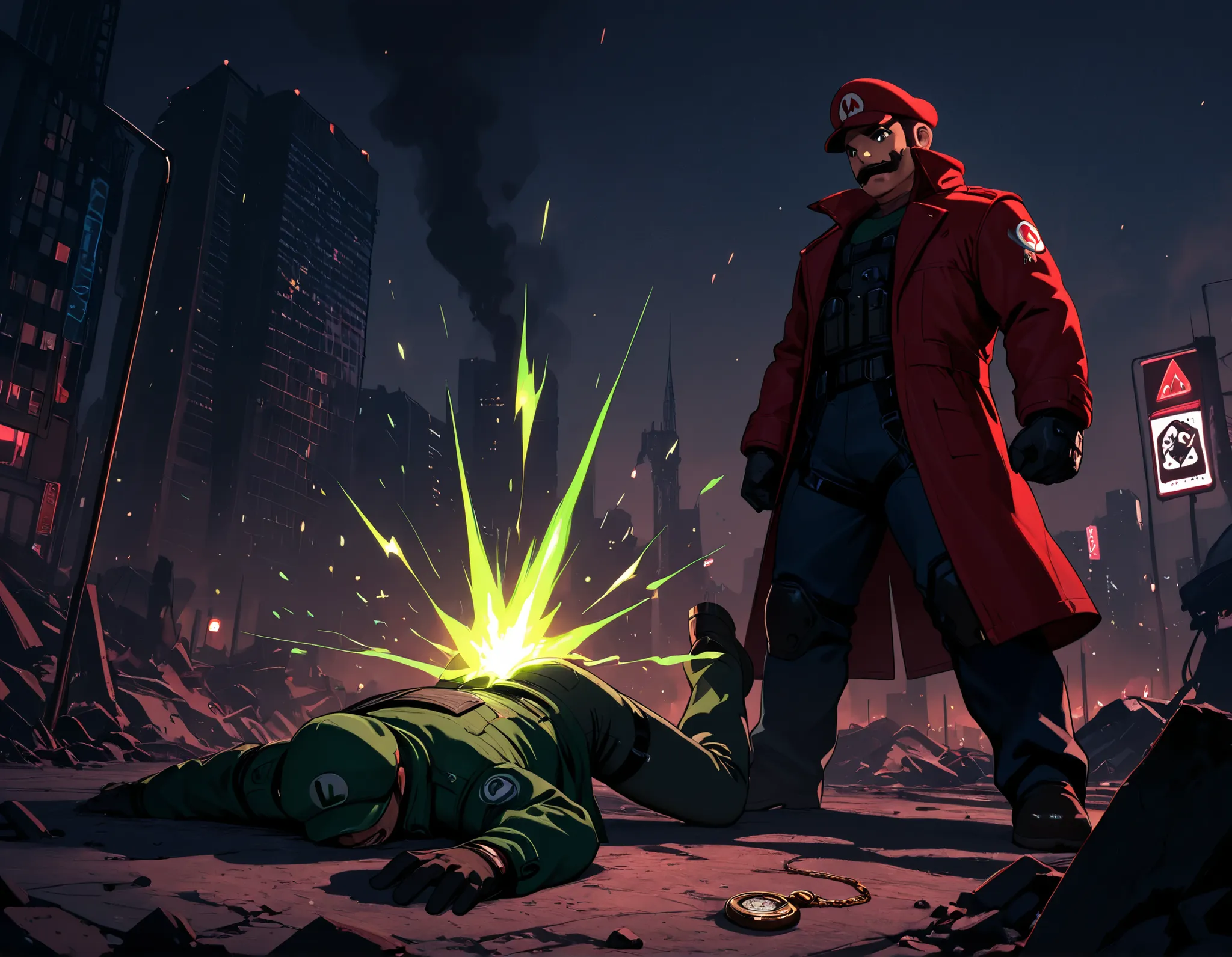 score_9, score_8_ up, score_7_ up, Takeda, "a dark futuristic reimagining of Mario in a dramatic battle with Luigi, both in cyberpunk combat gear, Mario wearing a red cap with an 'M' emblem, red trench coat flowing, tactical gloves, holding a glowing high-...