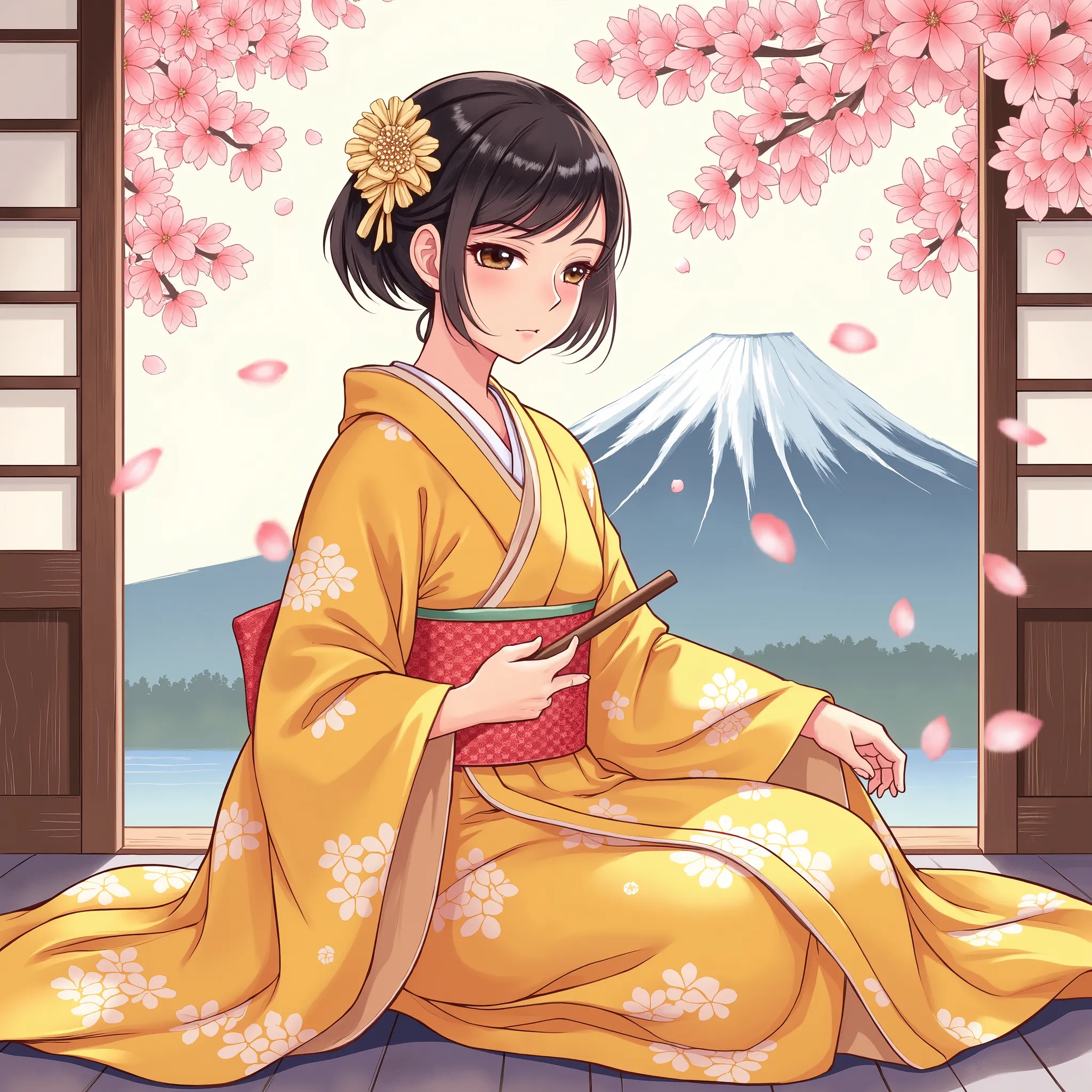 Illustrations、anime、A beautiful girl from is sitting、yellow kimono、Japanese Women、Japanese-style room、loose、Mt. Fuji、cherry blossoms、fan、