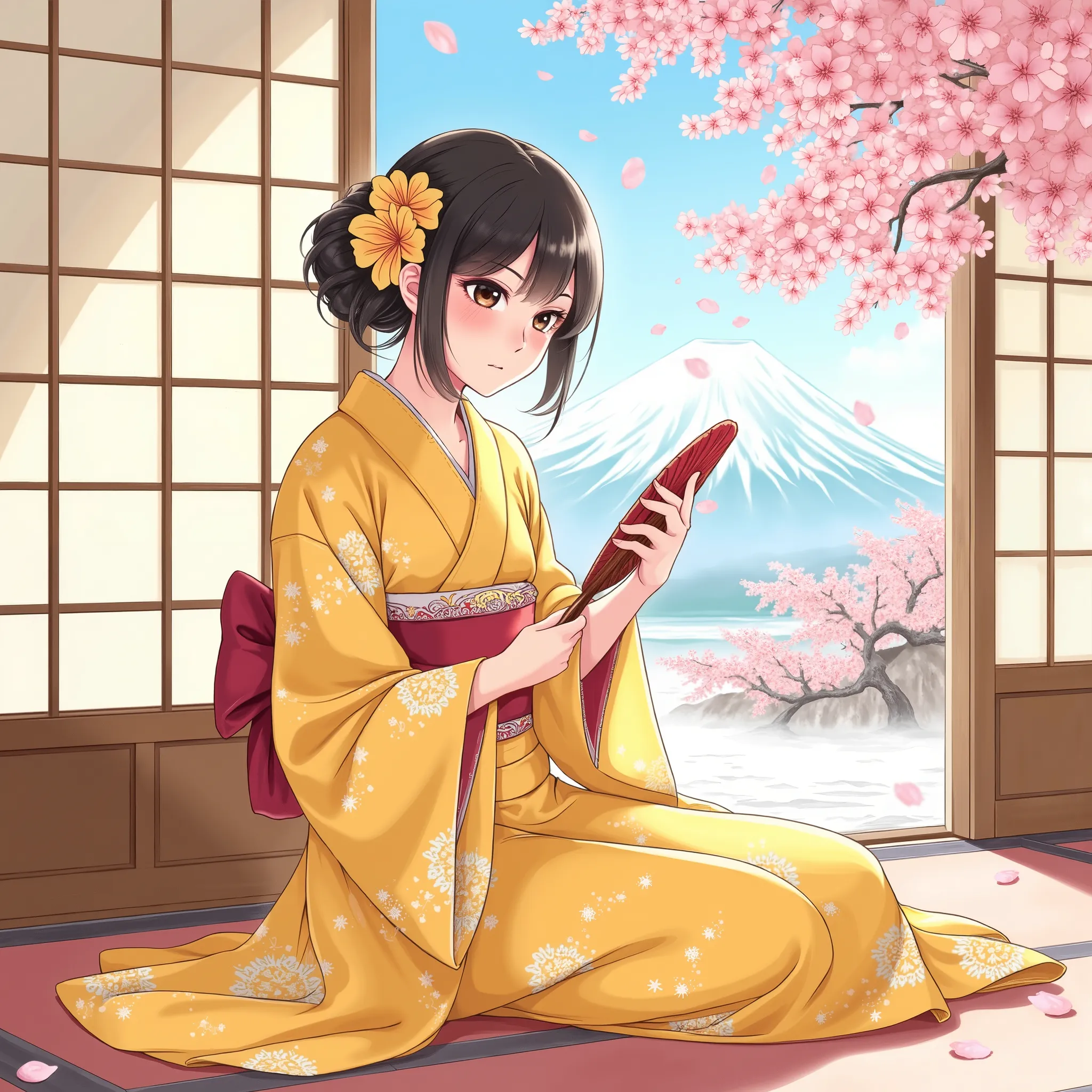 Illustrations、anime、A beautiful girl from is sitting、yellow kimono、Japanese Women、Japanese-style room、loose、Mt. Fuji、cherry blossoms、fan、