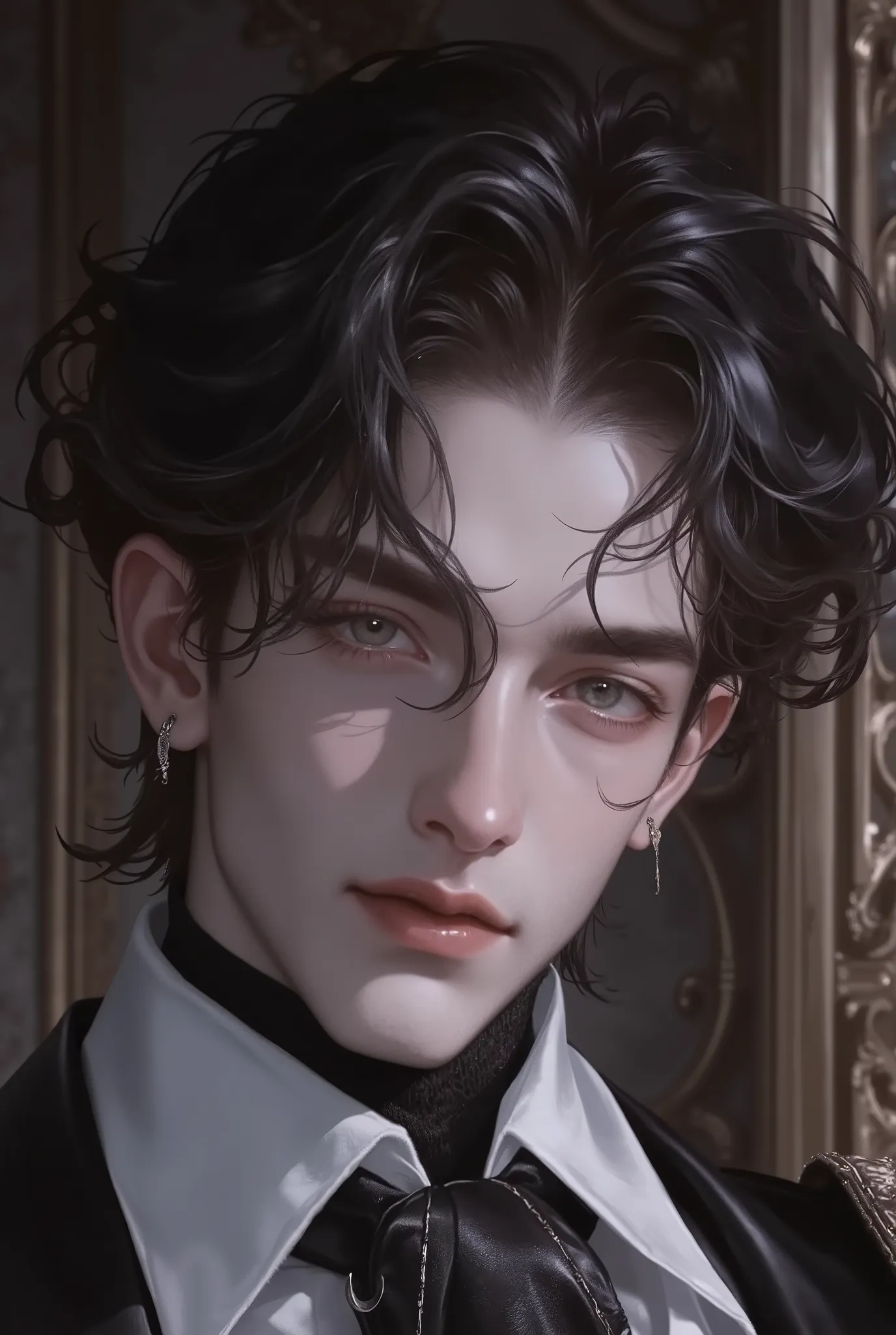 Noble young prince
Aristocratic youth
Mysterious male beauty
Medieval nobleman
Regal young man
Raven-haired male
Enigmatic royalty
Delicate but strong features
Noble gaze
Art Style Keywords:
Cinematic fantasy portrait
High-detail realism
Soft ...