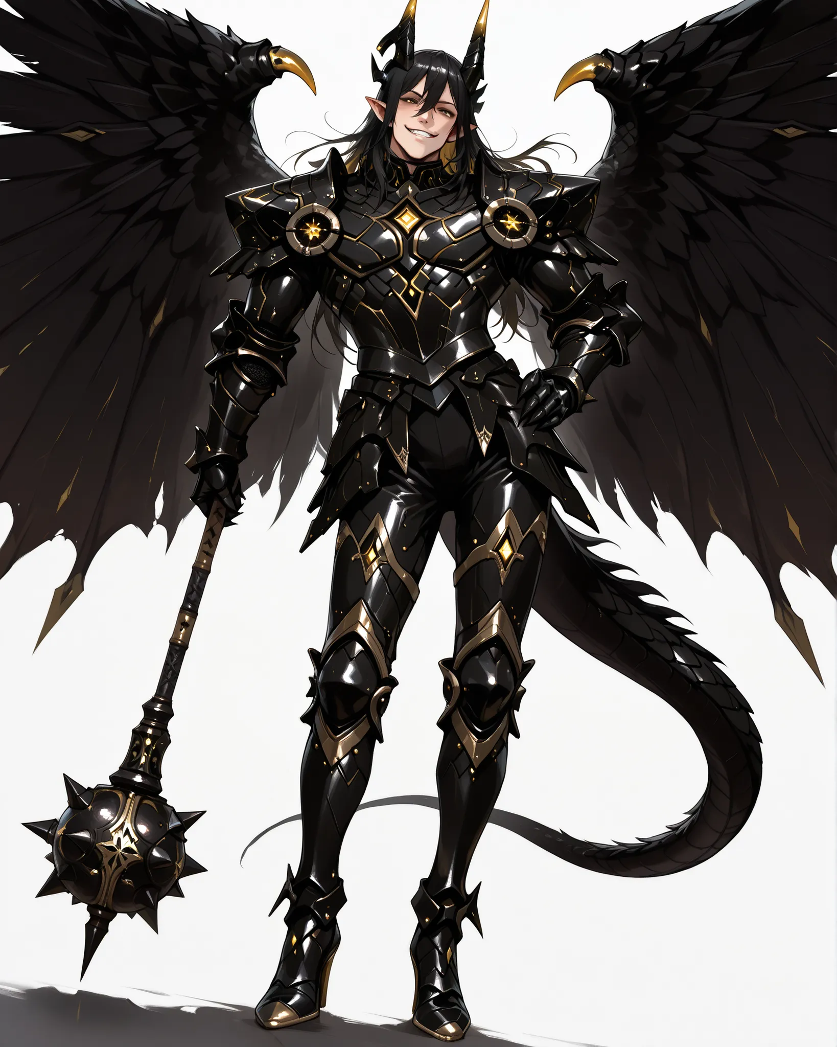 score_9, absurdres, (masterpiece, best quality: 1. 5), highres, 8K wallpaper, CG, (((Anime))), (1 male), solo, lean body, (masculine), (floating in the air), weredragon, japanese anime style, glossy black, shiny black leather, ((beautiful golden eyes, fine...