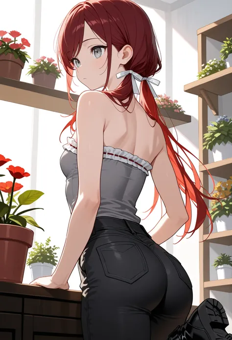 score_9, score_8_up, score_7_up, 1girl, solo, back view, ass, reaching up to set potted flowers on shelf, long low twin tails, gray eyes, dark red hair,  long swept bangs, thin, close up, small breasts, slightly toned arms, strapless, strapless loose sleev...