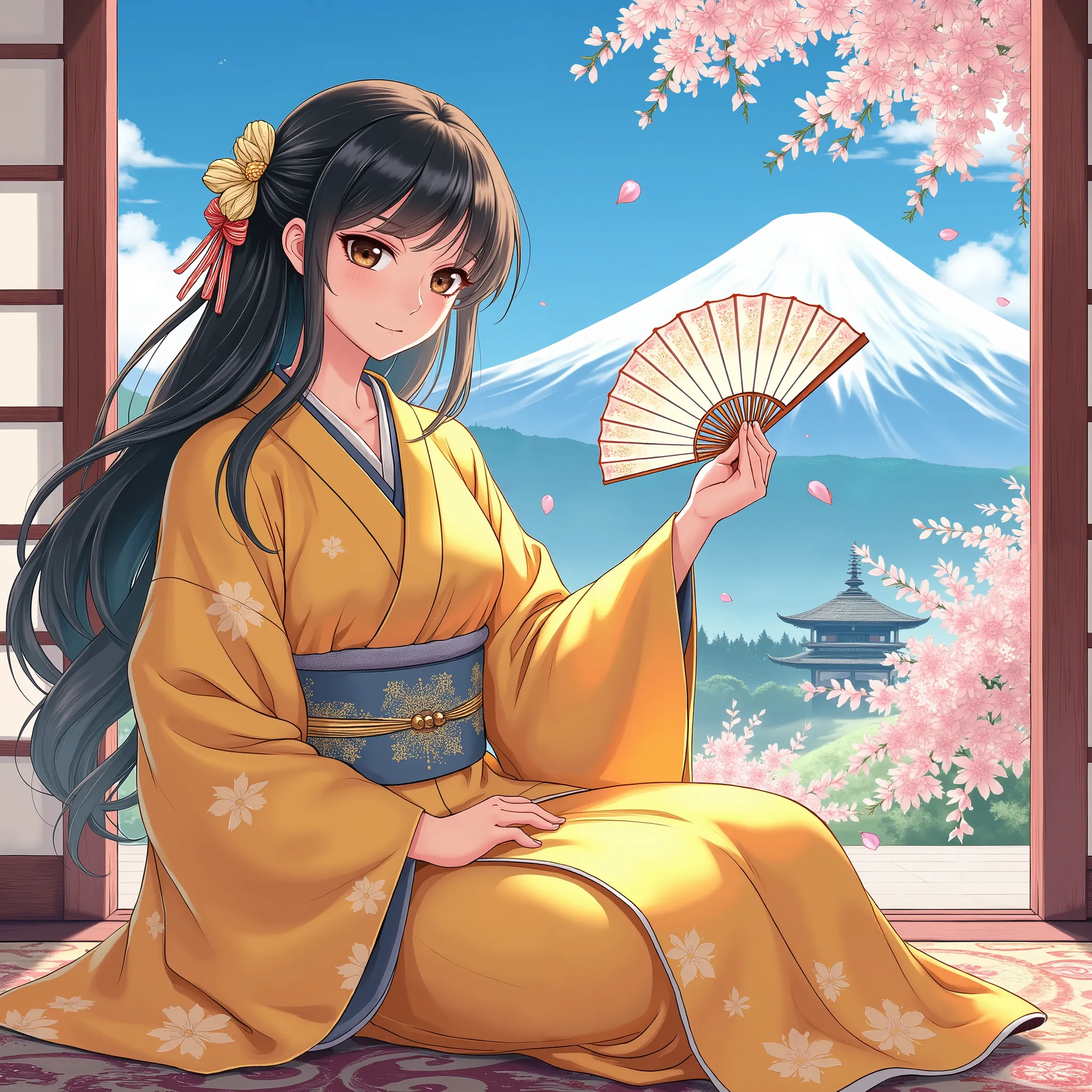 Illustrations、anime、A beautiful fifteen-year-old girl is sitting、yellow kimono、Japanese Women、Japanese-style room、loose、Mt. Fuji、 beautiful flowers 、fan、
