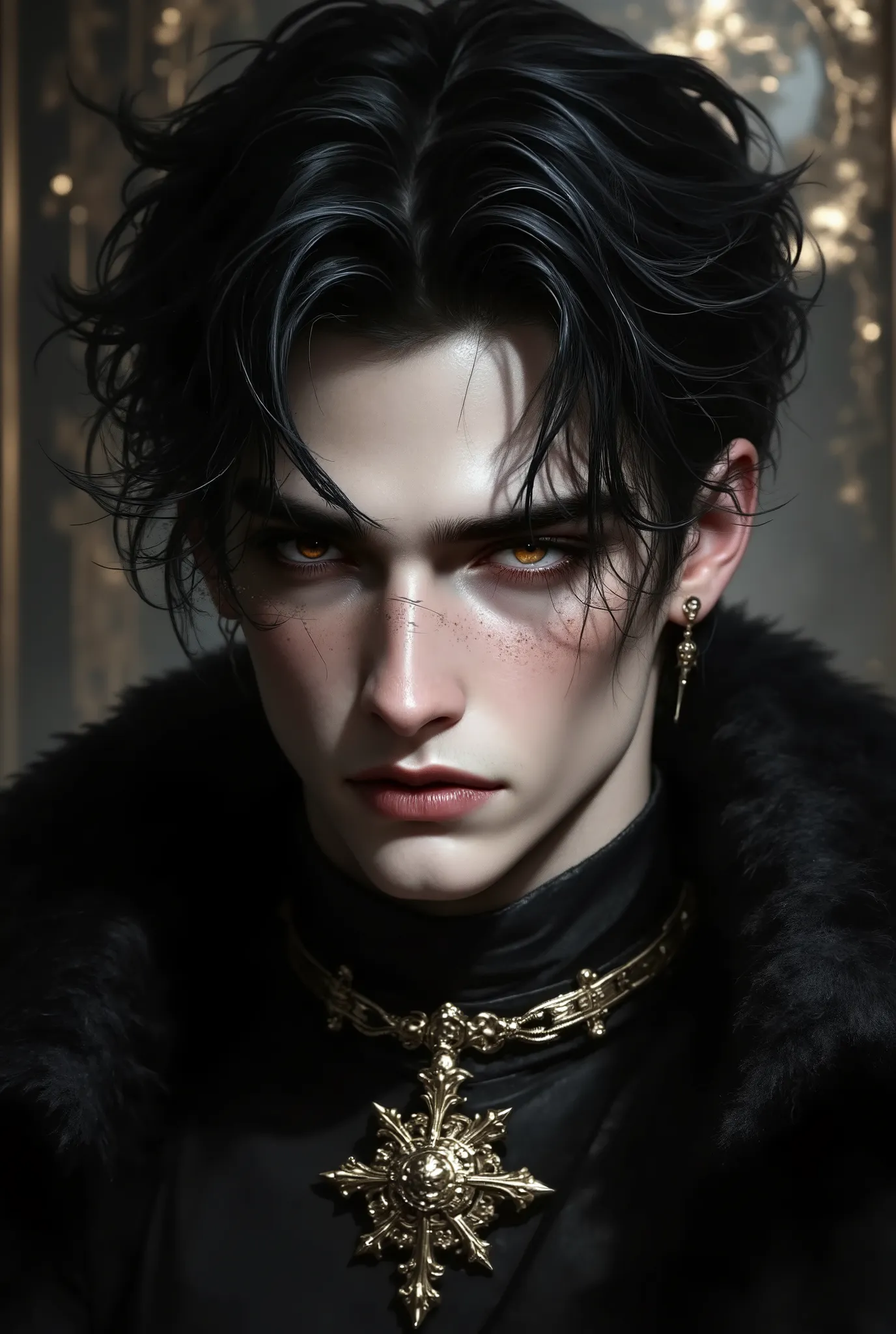 Noble young prince
Aristocratic youth
Mysterious male beauty
Medieval nobleman
Regal young man
Raven-haired male
Enigmatic royalty
Delicate but strong features
Noble gaze
Art Style Keywords:
Cinematic fantasy portrait
High-detail realism
Soft ...