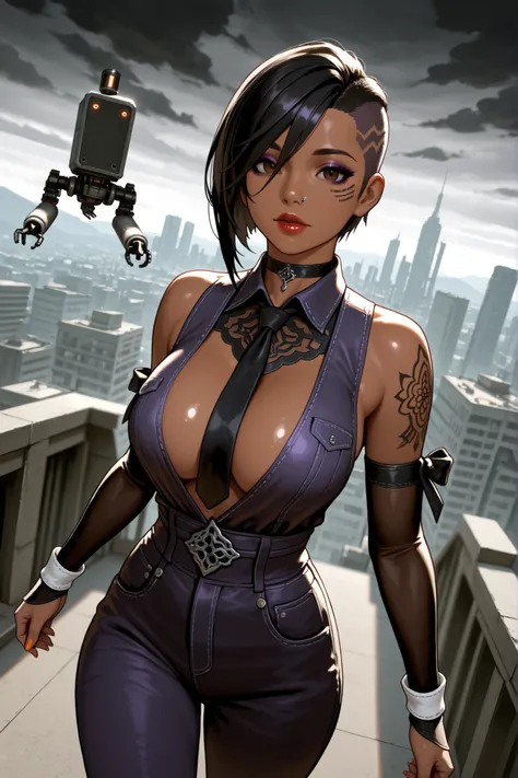 score_9, score_8_up, score_7_up, masterpiece, best quality, absurdres, highres, high quality, highly detailed, 8K, 1girl, arabic, dark skin, transgender, milf, large natural breasts, sidecut, asymmetrical hair, black hair, brown eyes, sexy choker, necklace...