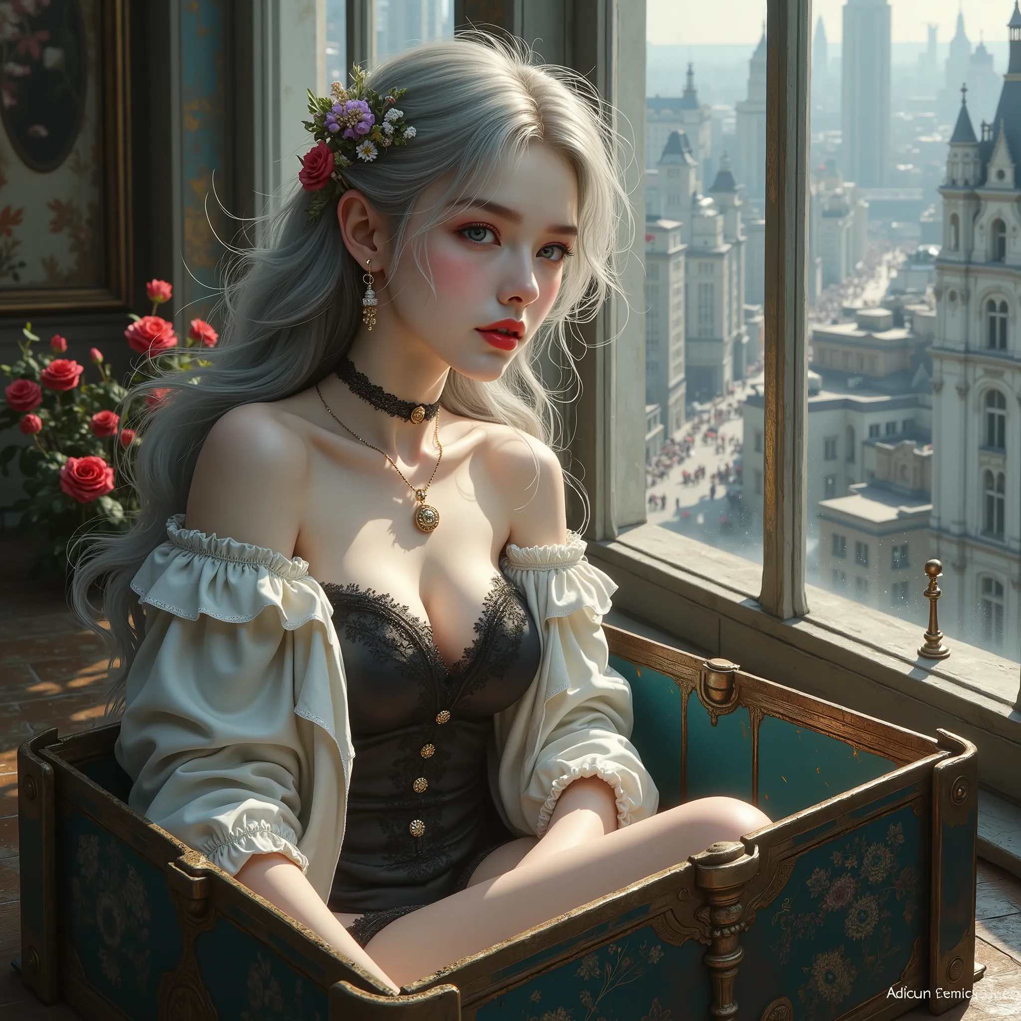 ((woman lying inside a gift box))、(masterpiece、Highest Quality、steampunk art、sunlight、illuminates your face、Super Detail、written with thigh composition、Magic Rim、Gray Hair、Real queen、 red lips、Super Detail、very detailed、(high contrast:1.11)、wind、great、beau...