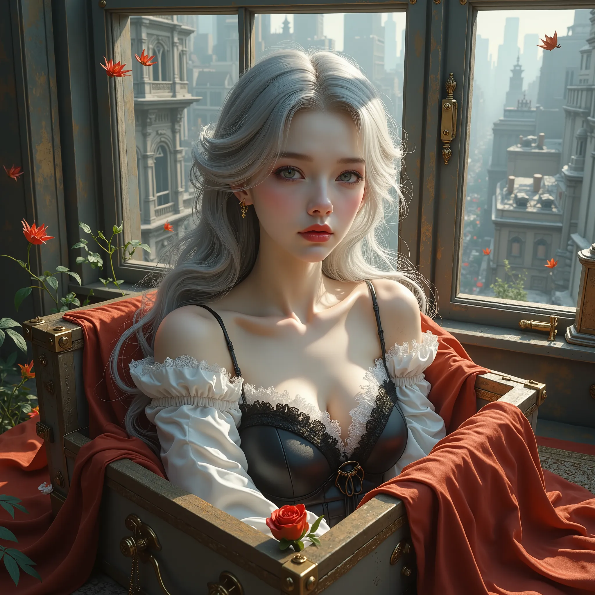 ((woman lying inside a gift box))、(masterpiece、Highest Quality、steampunk art、sunlight、illuminates your face、Super Detail、written with thigh composition、Magic Rim、Gray Hair、Real queen、 red lips、Super Detail、very detailed、(high contrast:1.11)、wind、great、beau...